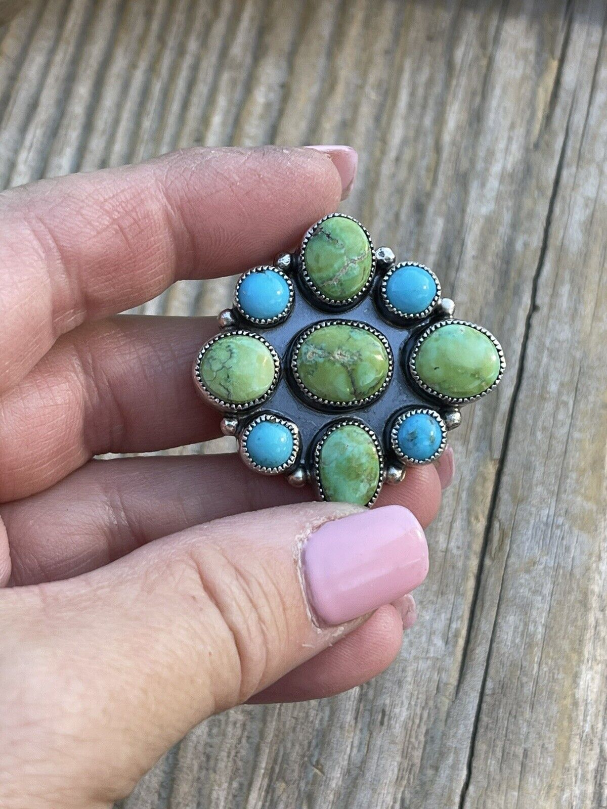 Navajo Sterling Sonoran Gold And Golden Hills Turquoise Cluster Ring Size 7