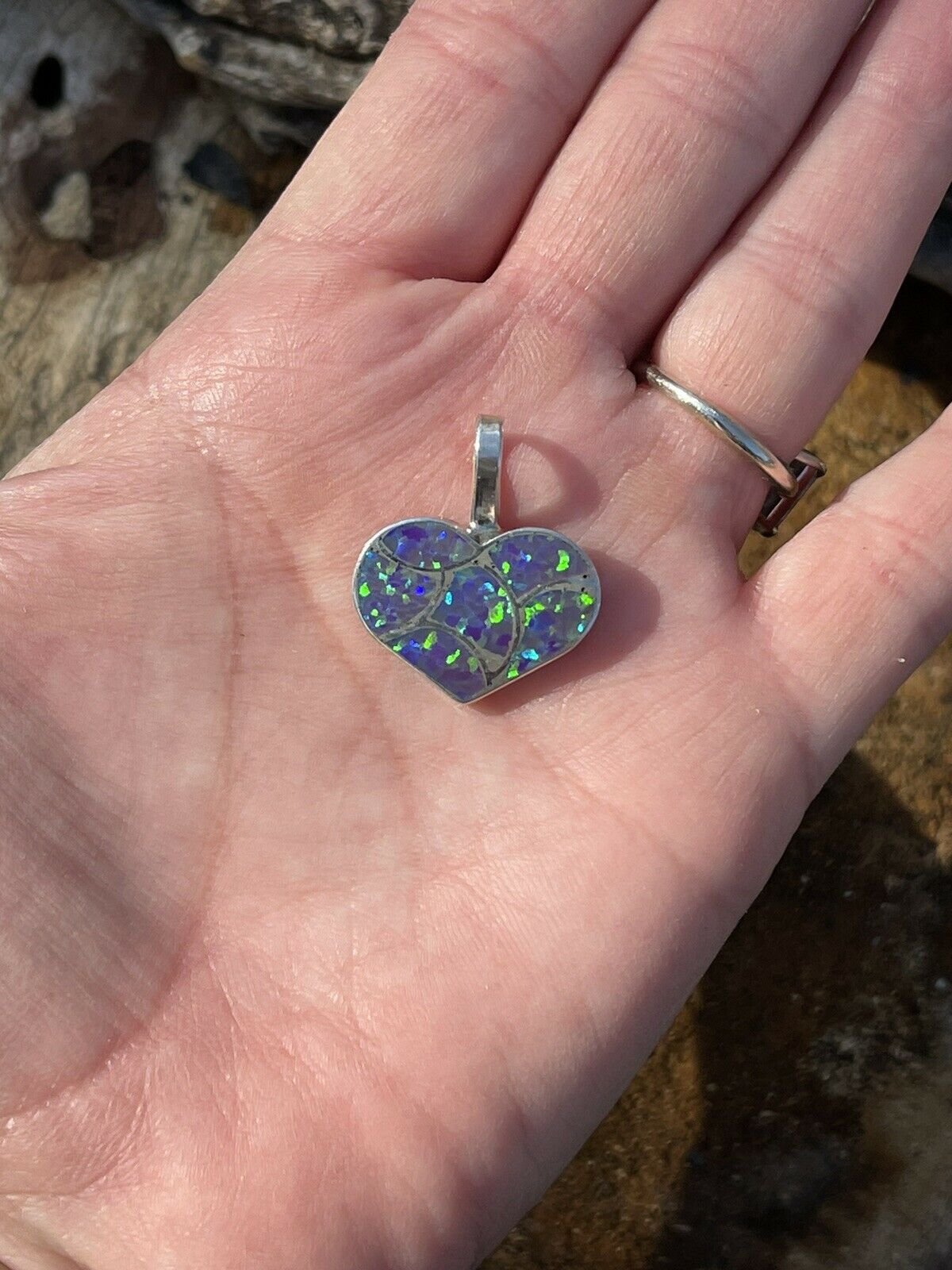 Zuni Iridescent Green Opal & Sterling Silver Heart Pendant