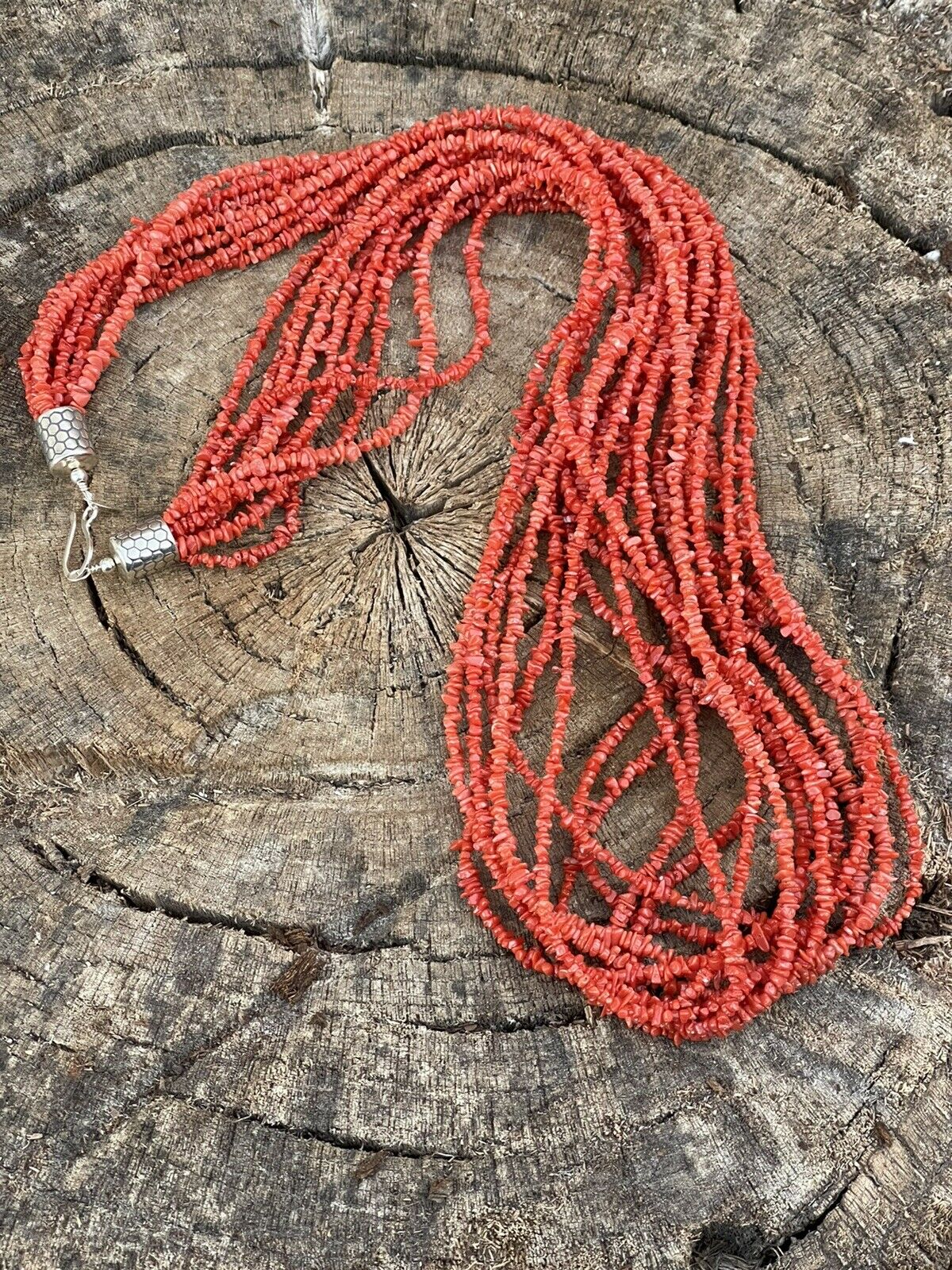 Navajo Sterling Silver Pink Coral 10 Strand Bead Necklack