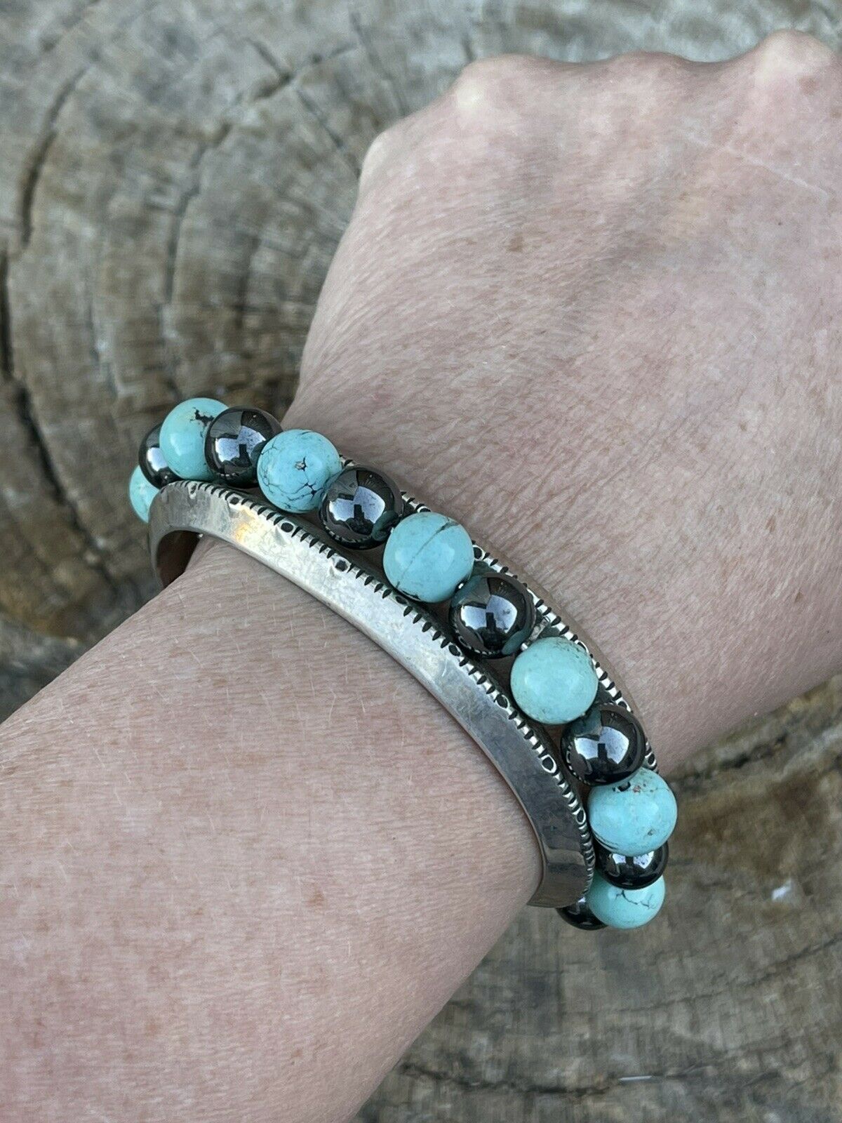 Vintage Navajo Fox Turquoise & Marcasite Bead Bracelet Cuff