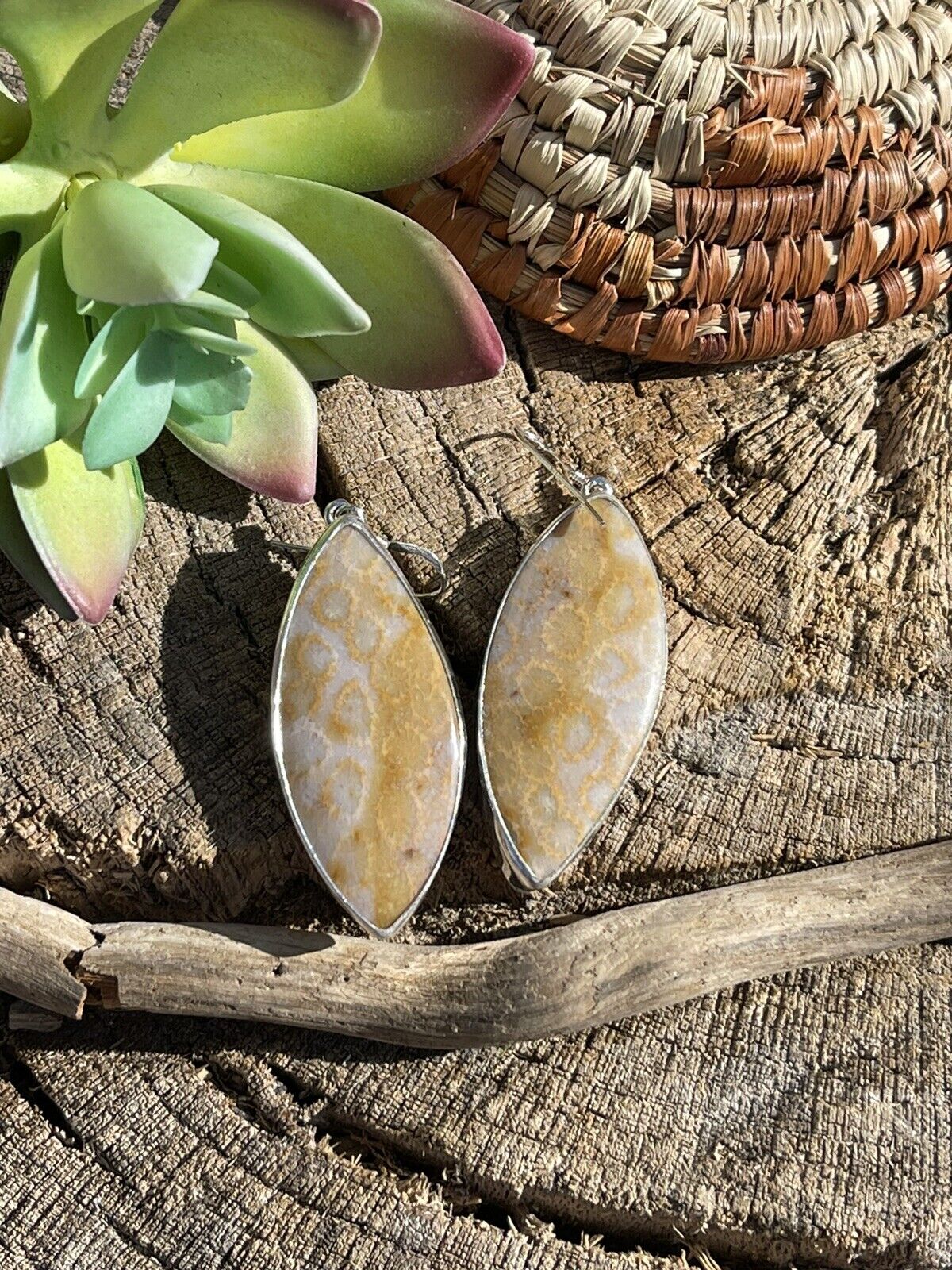 Navajo Fossilized Coral & Sterling Silver Dangle Earrings Signed