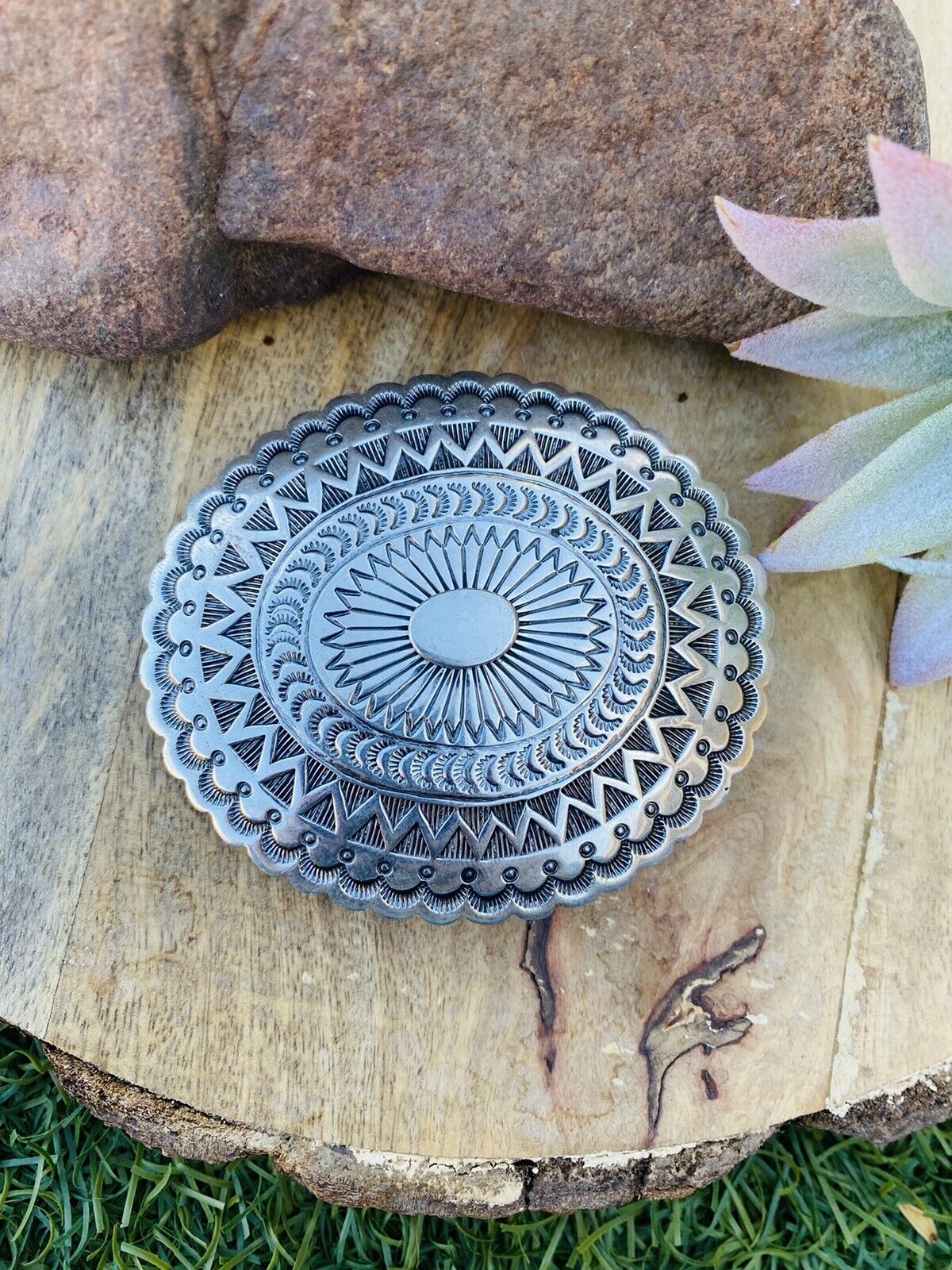 Vintage Navajo Hand Stamped Sterling Silver Belt Buckle Signed