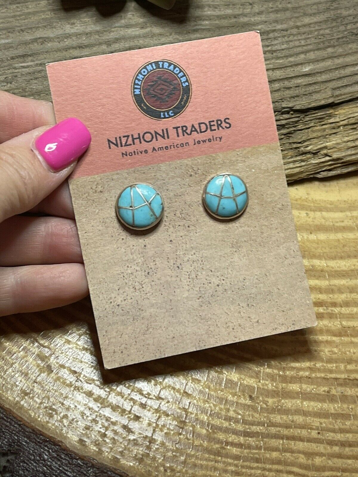 Navajo Sterling Silver & Turquoise Inlay Circle Post Earrings Signed K