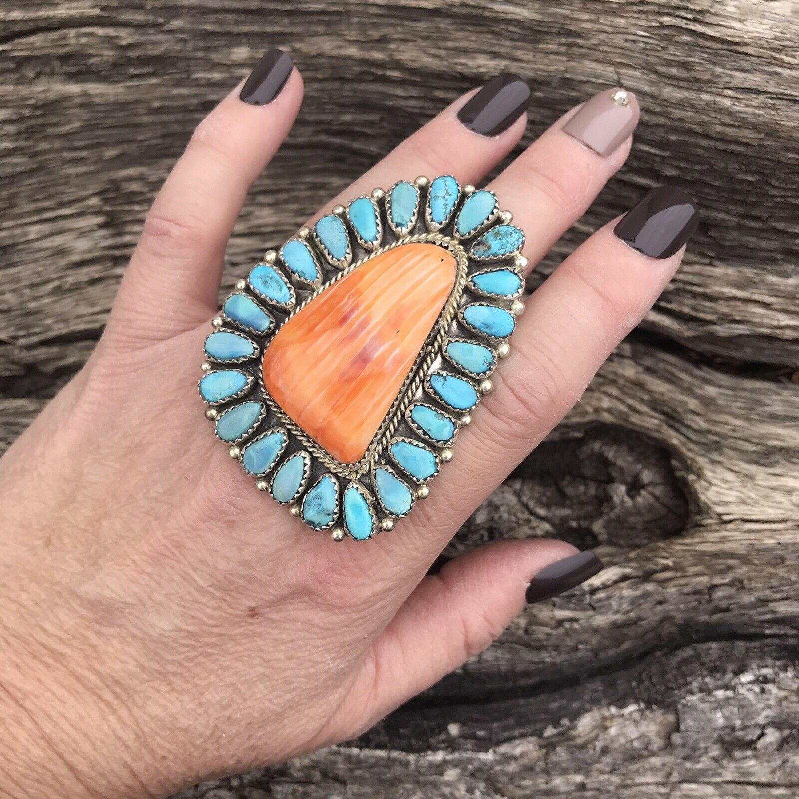 Navajo Sterling Silver, Turquoise & Orange Spiny Oyster Ring Sz 8