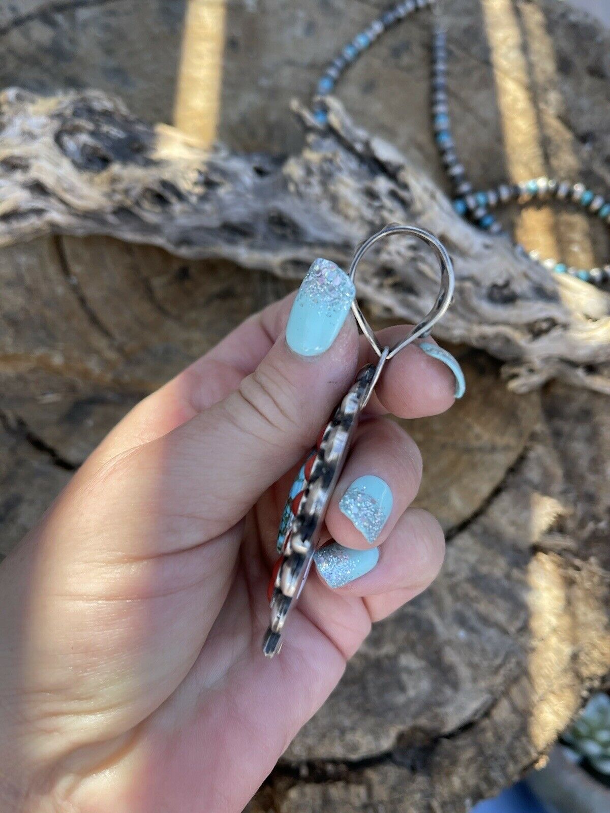 Navajo Sterling Kingman Web Turquoise & Red Coral Taos Ornate Pendant D. Clark