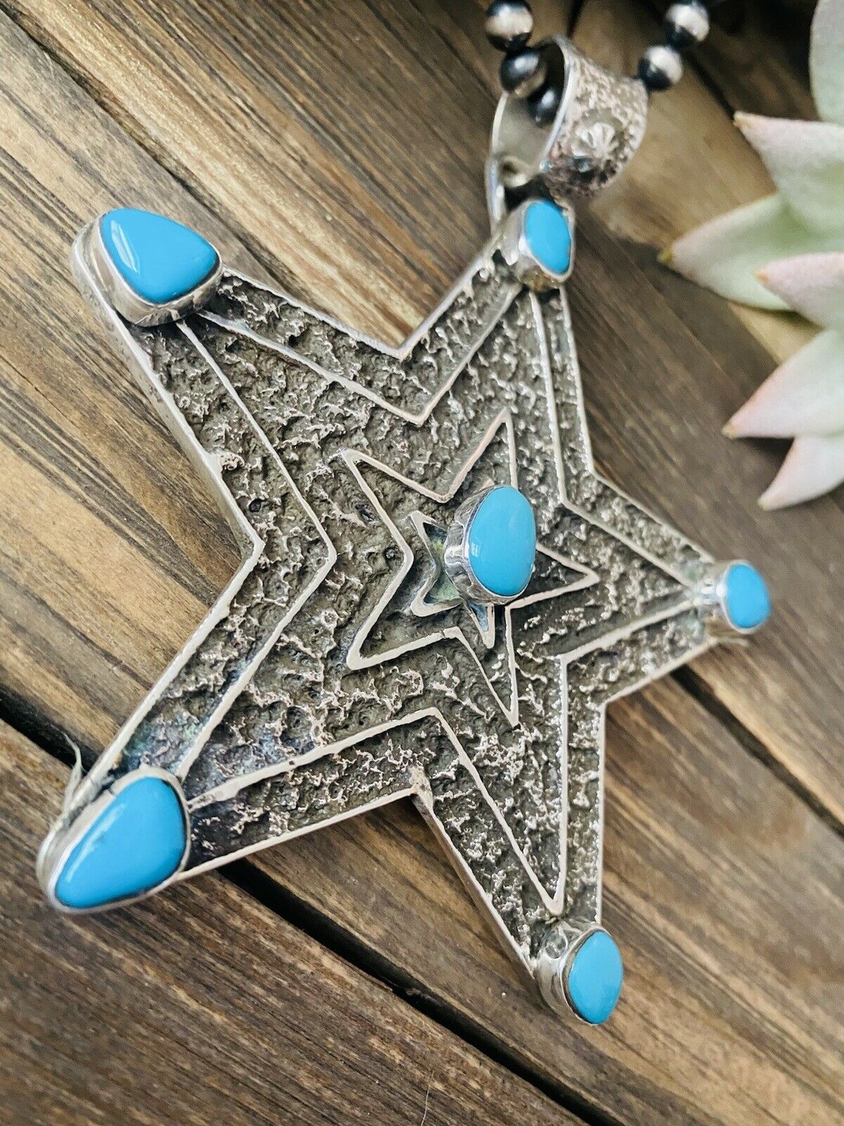 Navajo Turquoise & Sterling Silver Tufa Cast Star Pendant