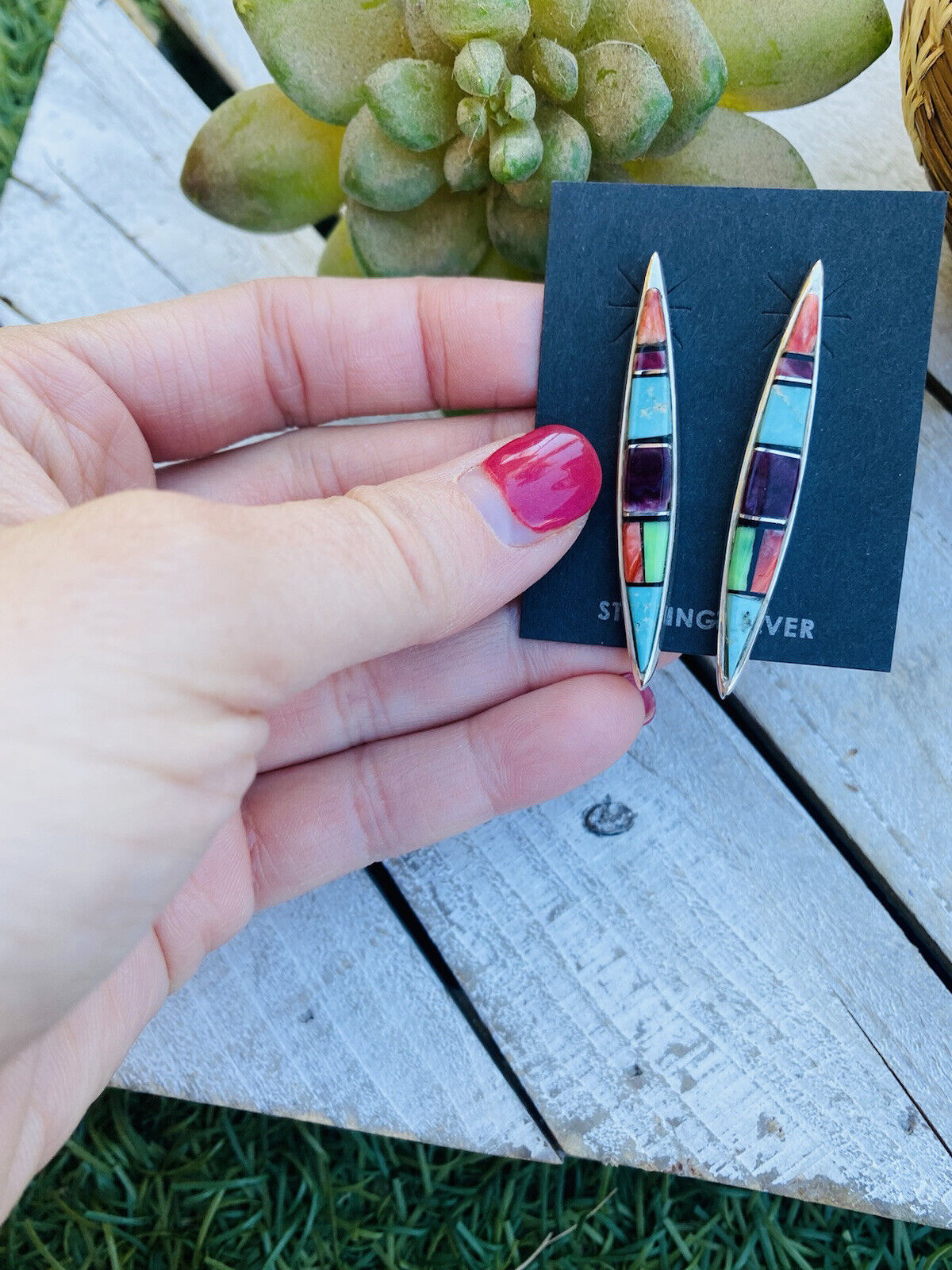 Navajo Multi Stone And Sterling Silver Inlay Dangle Earrings