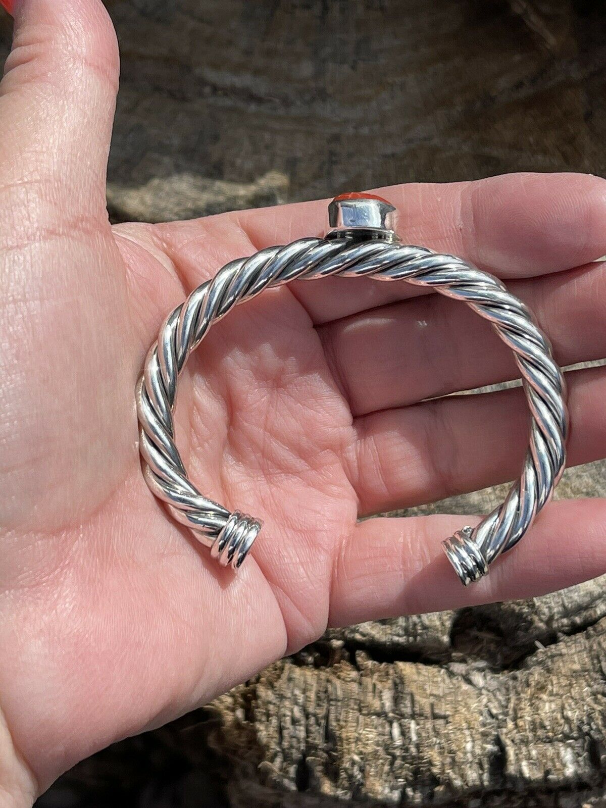 Sterling Silver Rope Twist Natural Red Coral Cuff Bracelet