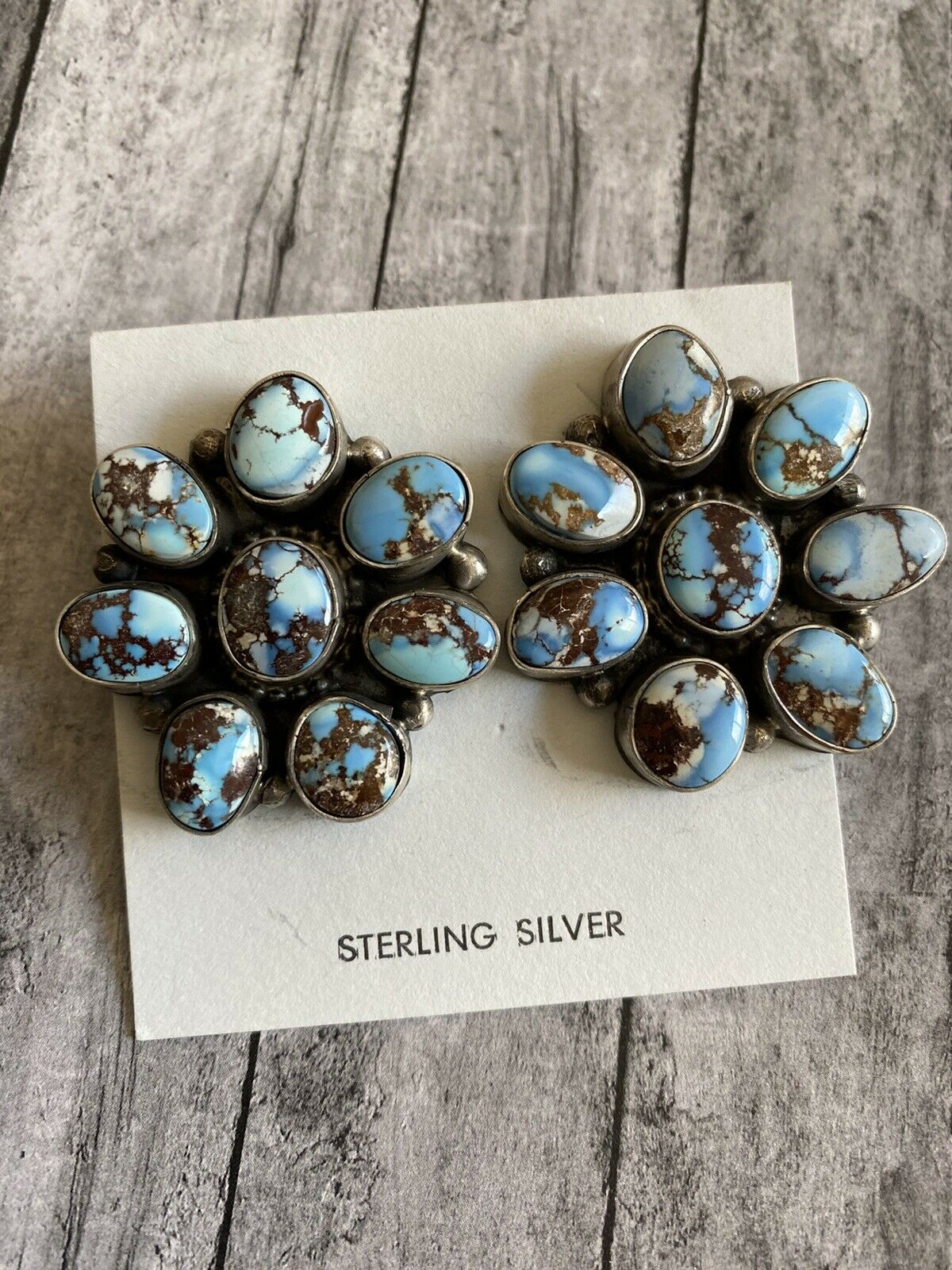 Navajo Sterling Silver & Golden Hills Turquoise  Cluster Post Earrings Signed