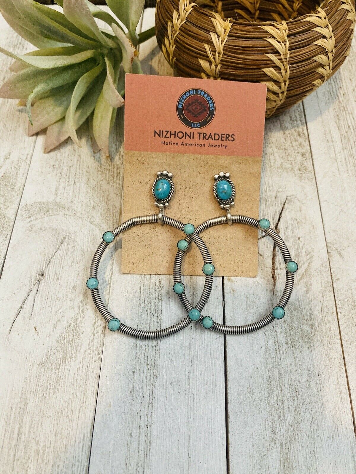 Navajo Turquoise & Sterling Silver Dangle Hoop Earrings