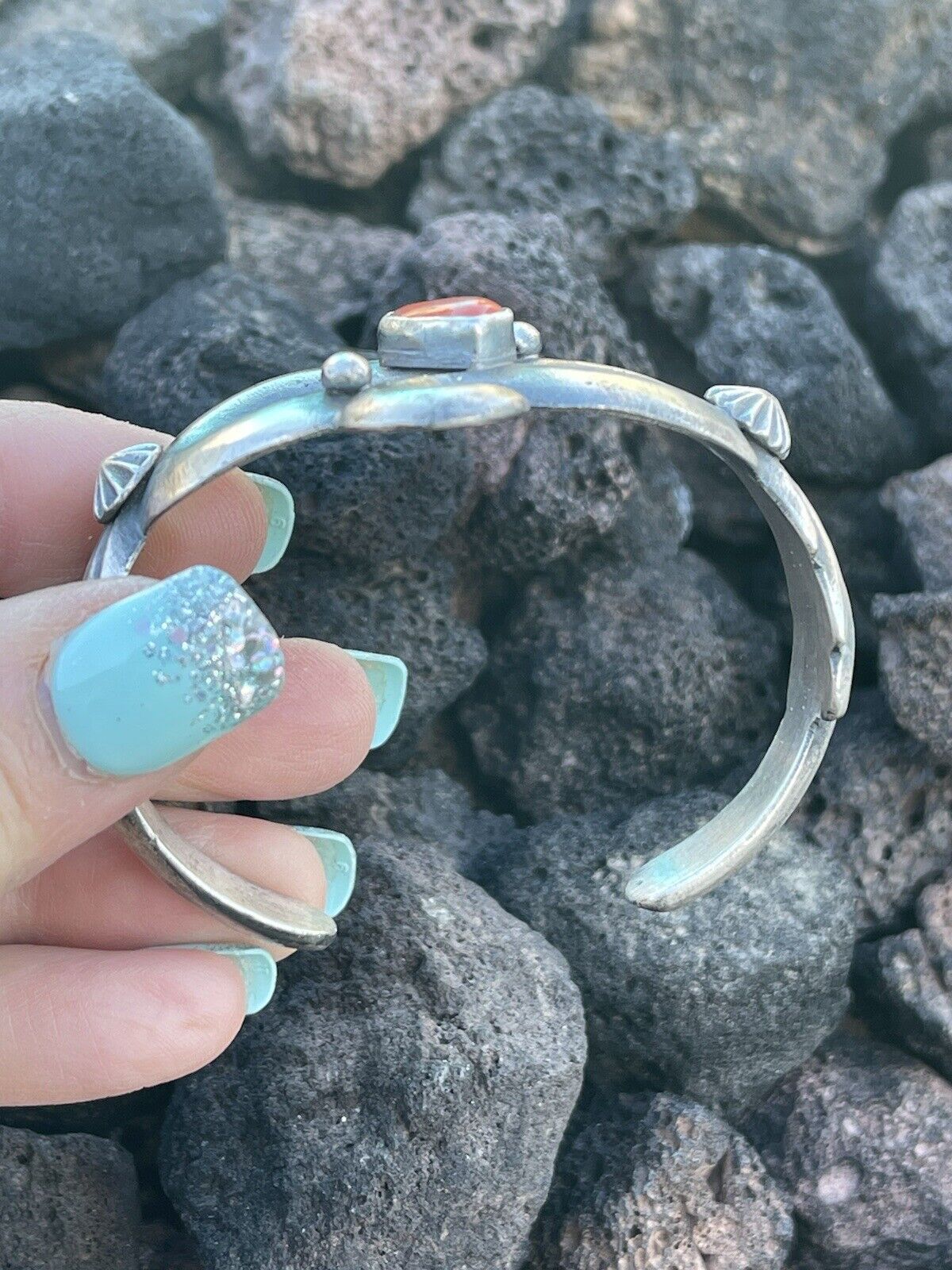 Navajo Natural Red Coral Sterling Silver Cuff By Artist Chimney Butte