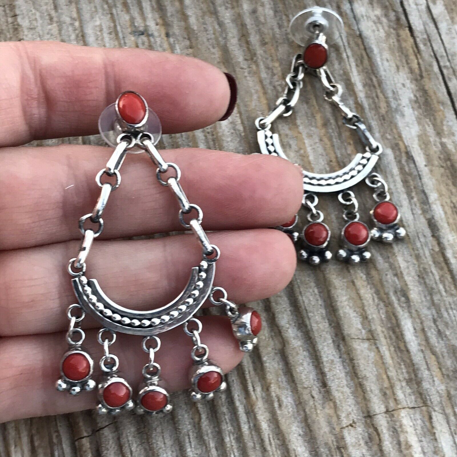 Navajo Natural Red Coral Sterling Silver Chandelier Style Dangle Earrings