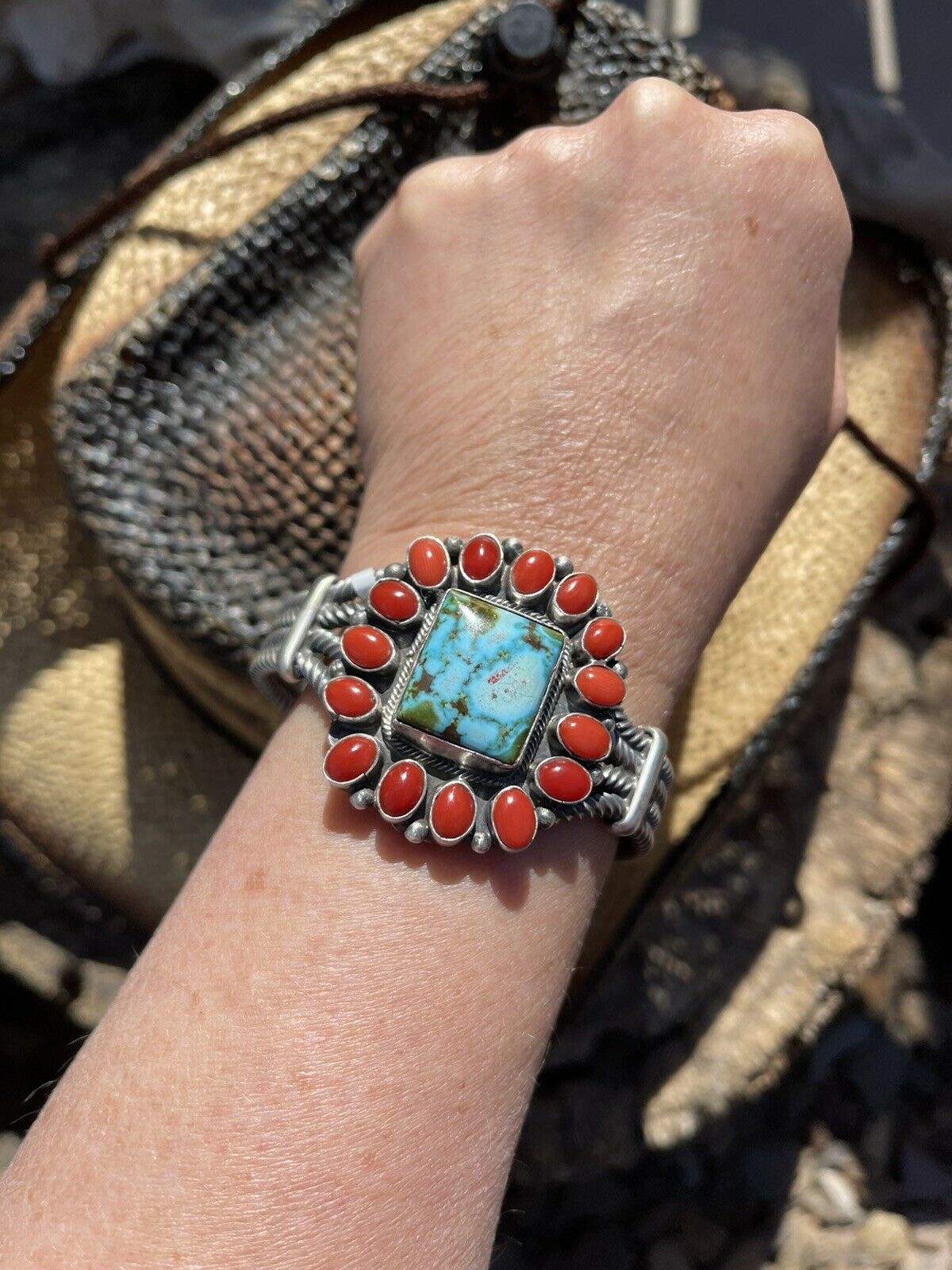 Navajo Sterling Kingman Web Turquoise & Red Coral Taos Bracelet Cuff B. Johnson