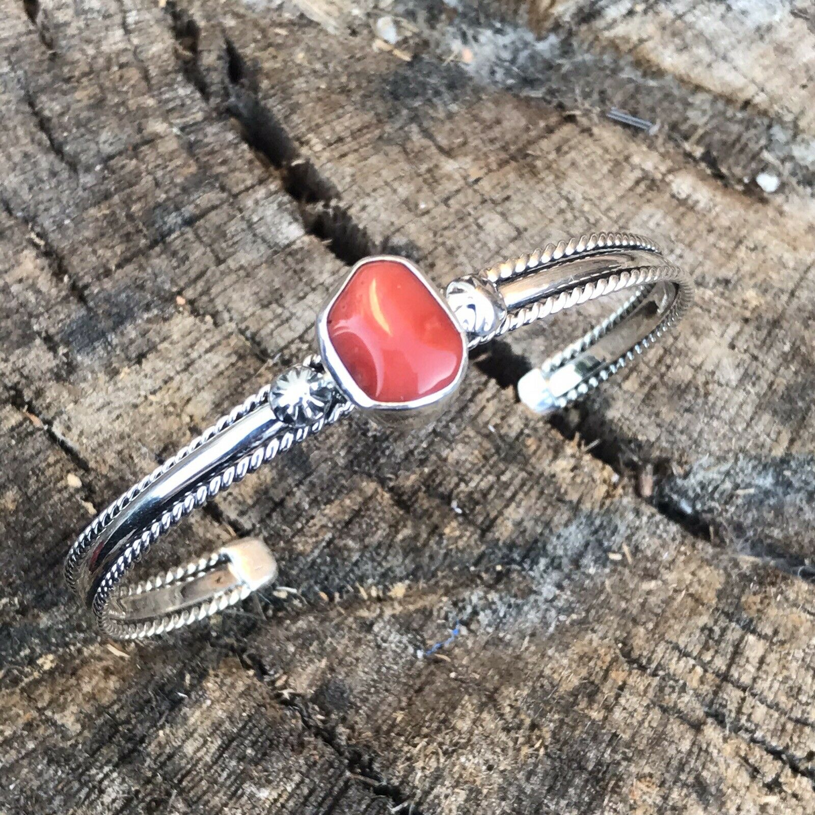 Sterling Silver Natural Red Coral Stacker Cuff Bracelet