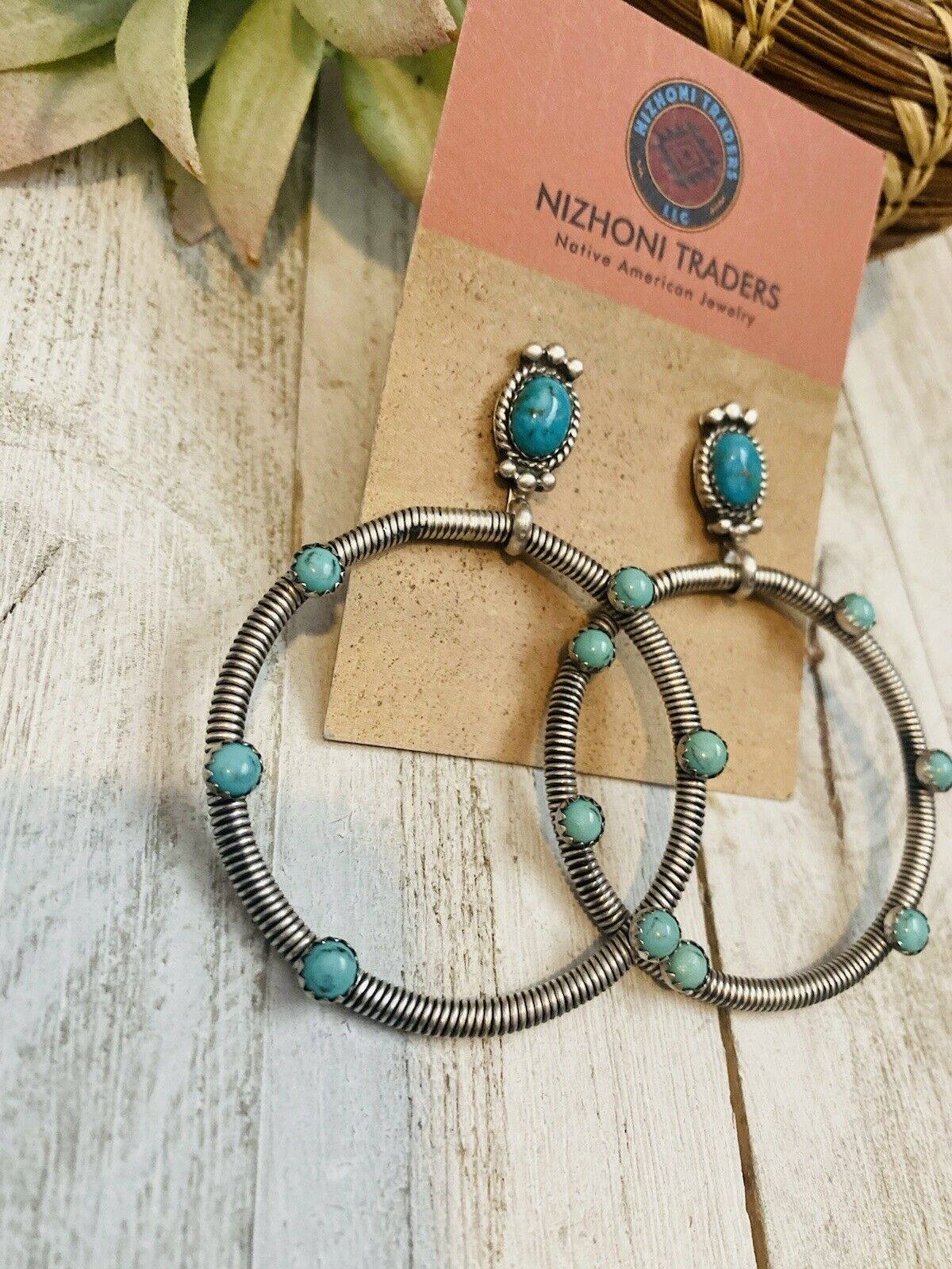 Navajo Turquoise & Sterling Silver Dangle Hoop Earrings