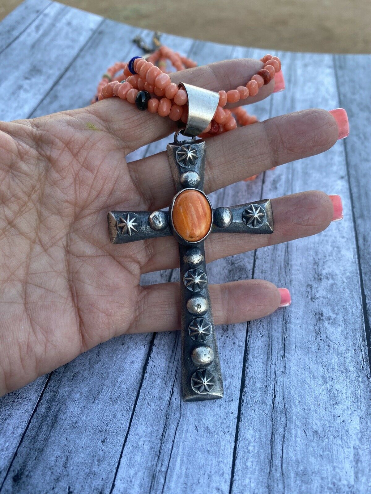 Navajo Sterling Silver & Orange Spiny Shell  Cross Pendant Chimney Butte