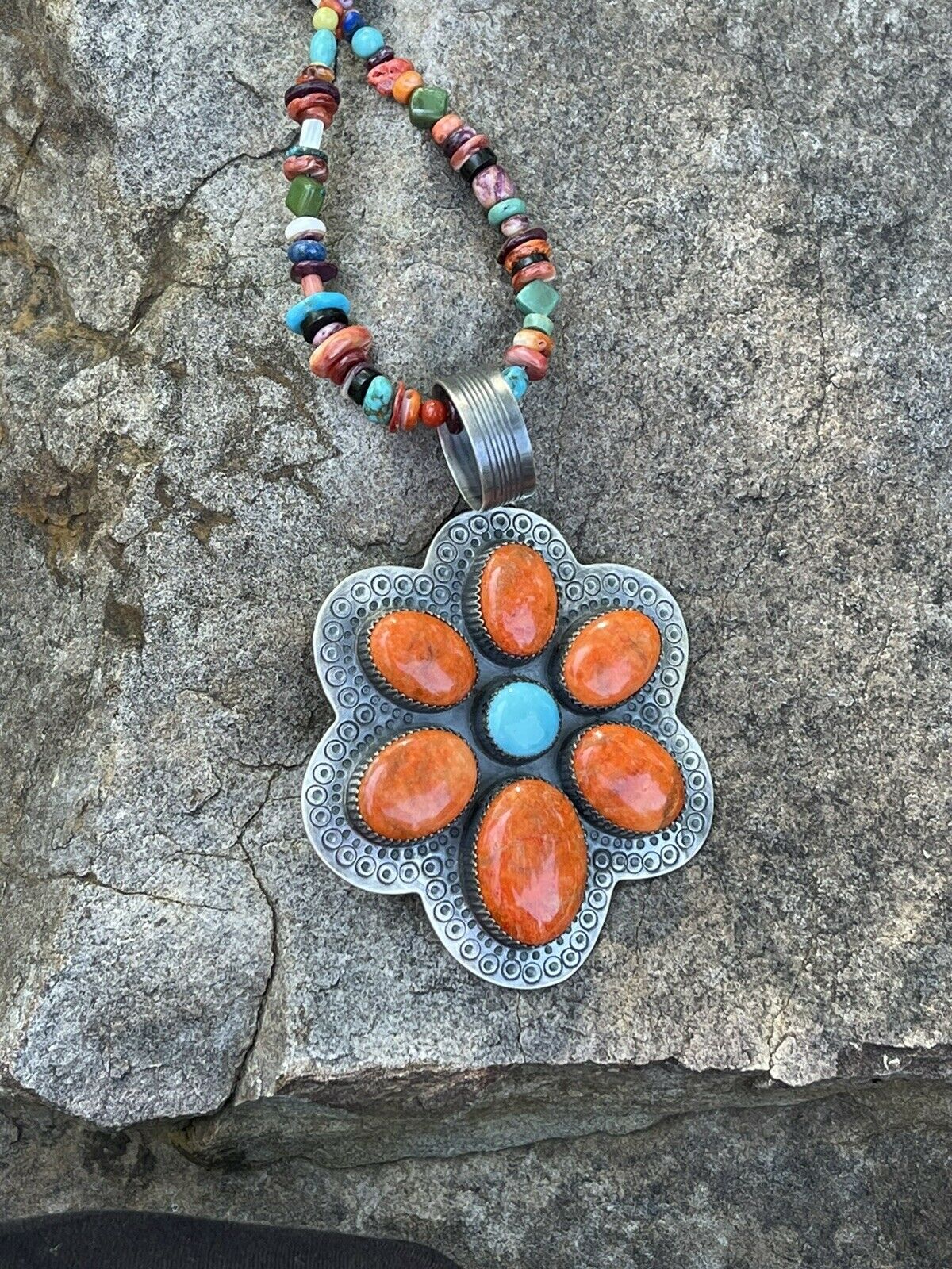 Navajo Sterling Silver Turquoise & Orange Spiny Flower Pendant Signed