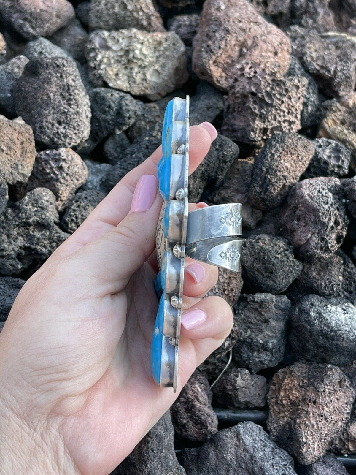 Gorgeous Navajo Sterling Silver Coin & Kingman Turquoise Adjustable Ring