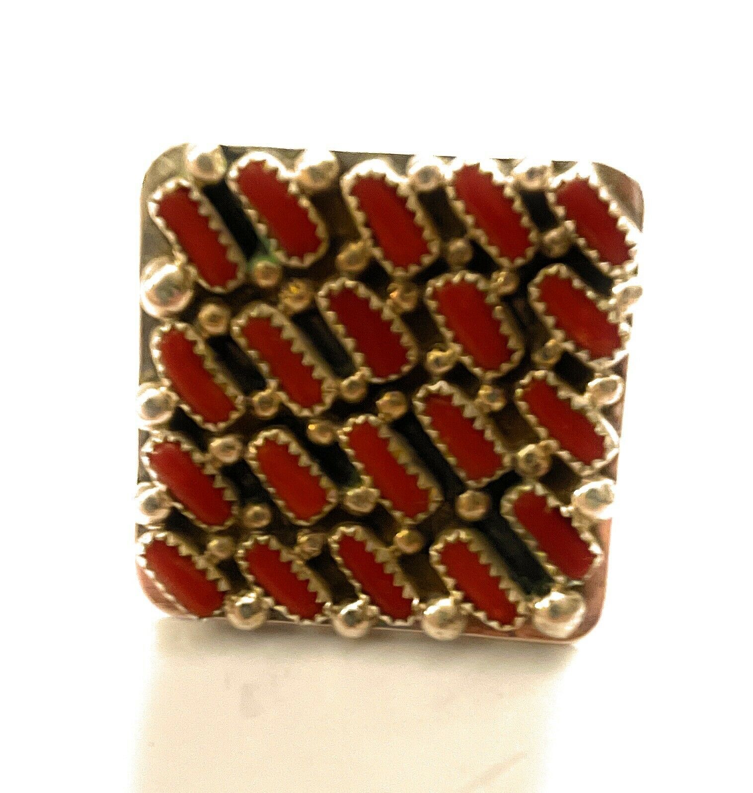 Navajo Sterling Silver Square Platform Red Coral Ring Sz 8