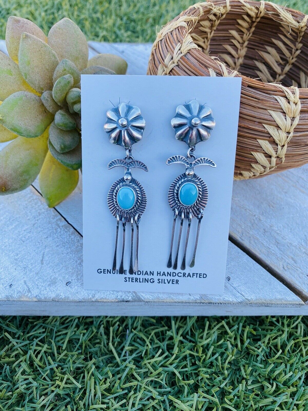 Navajo Turquoise & Sterling Silver Concho Dangle Earrings