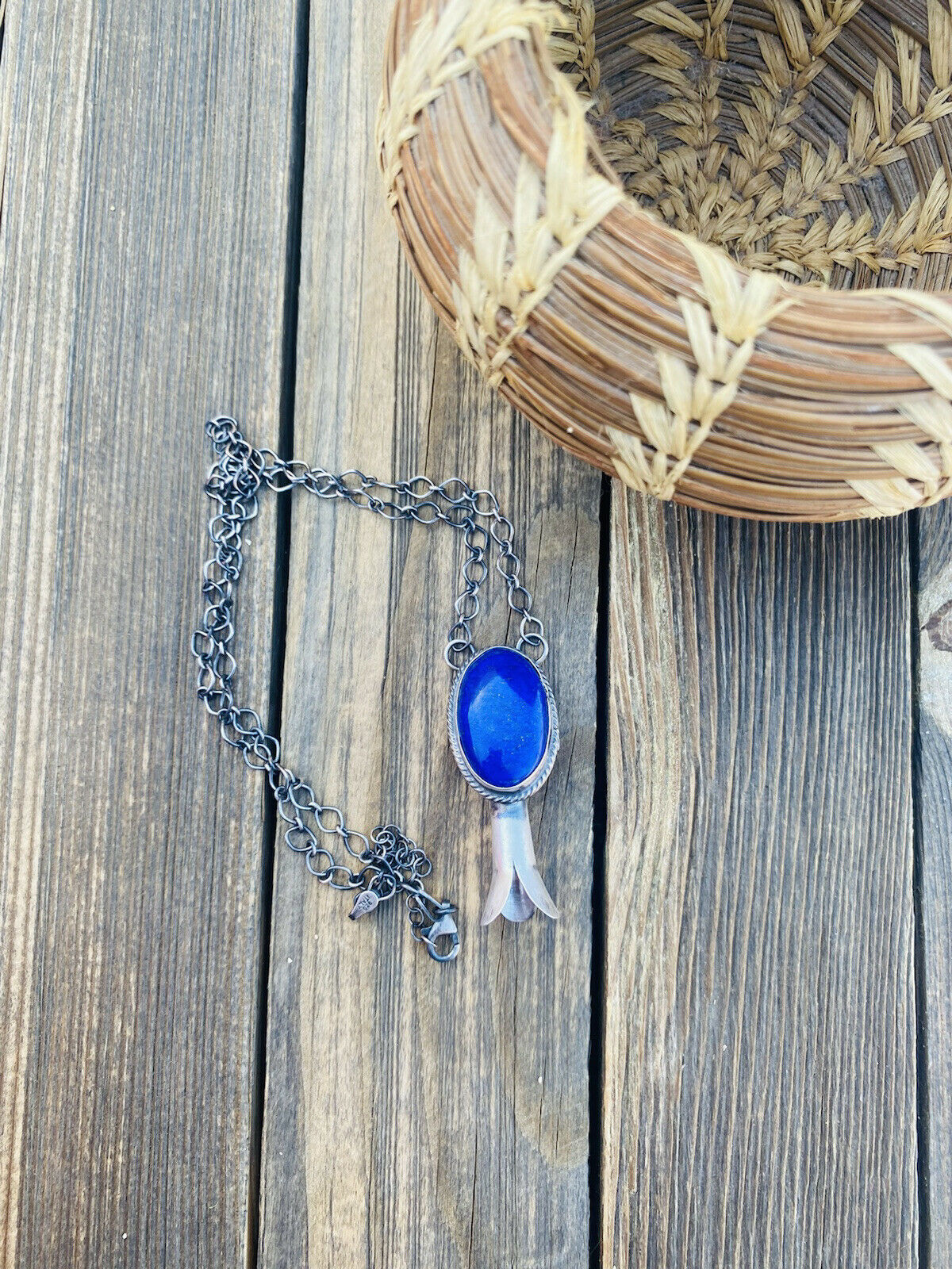 Navajo Sterling Silver & Lapis Blossom Necklace Signed