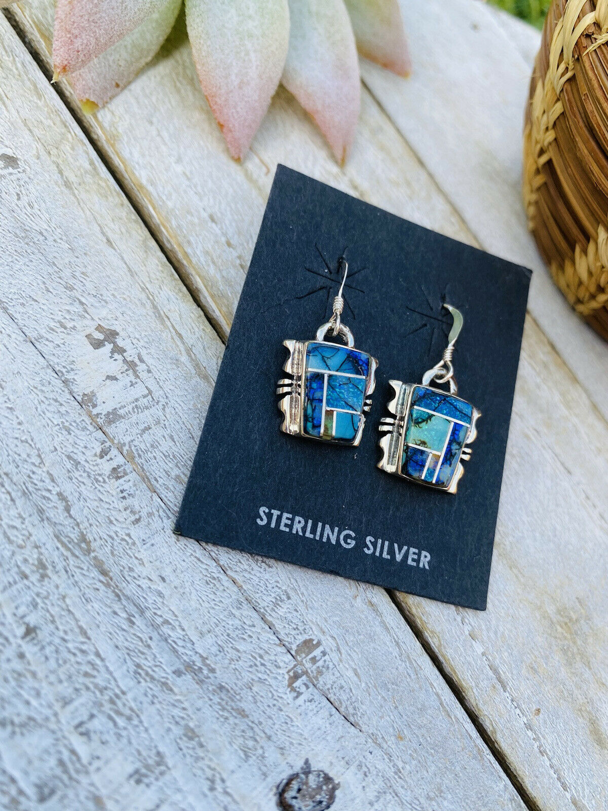 Navajo Natural Opal And Sterling Silver Inlay Dangle Earrings