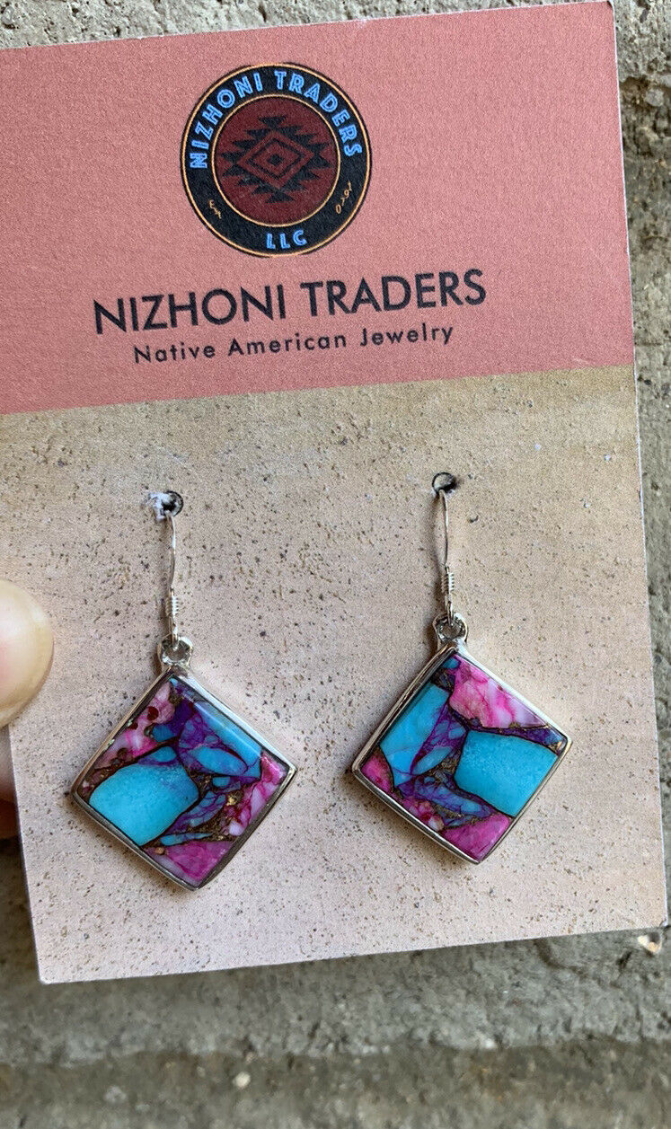 Navajo Pink Dream Mohave & Sterling Square Delight Dangle Earrings