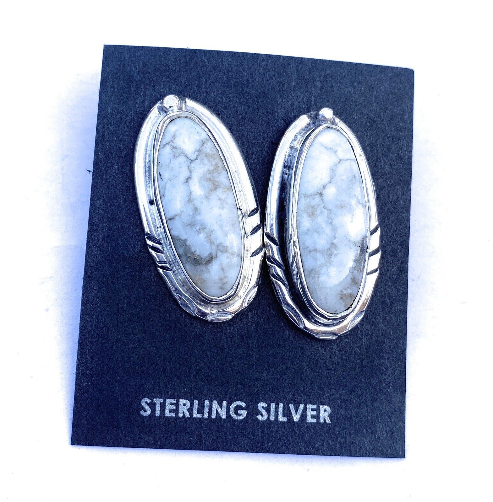 Navajo White Buffalo And Sterling Silver Post Earrings Signed