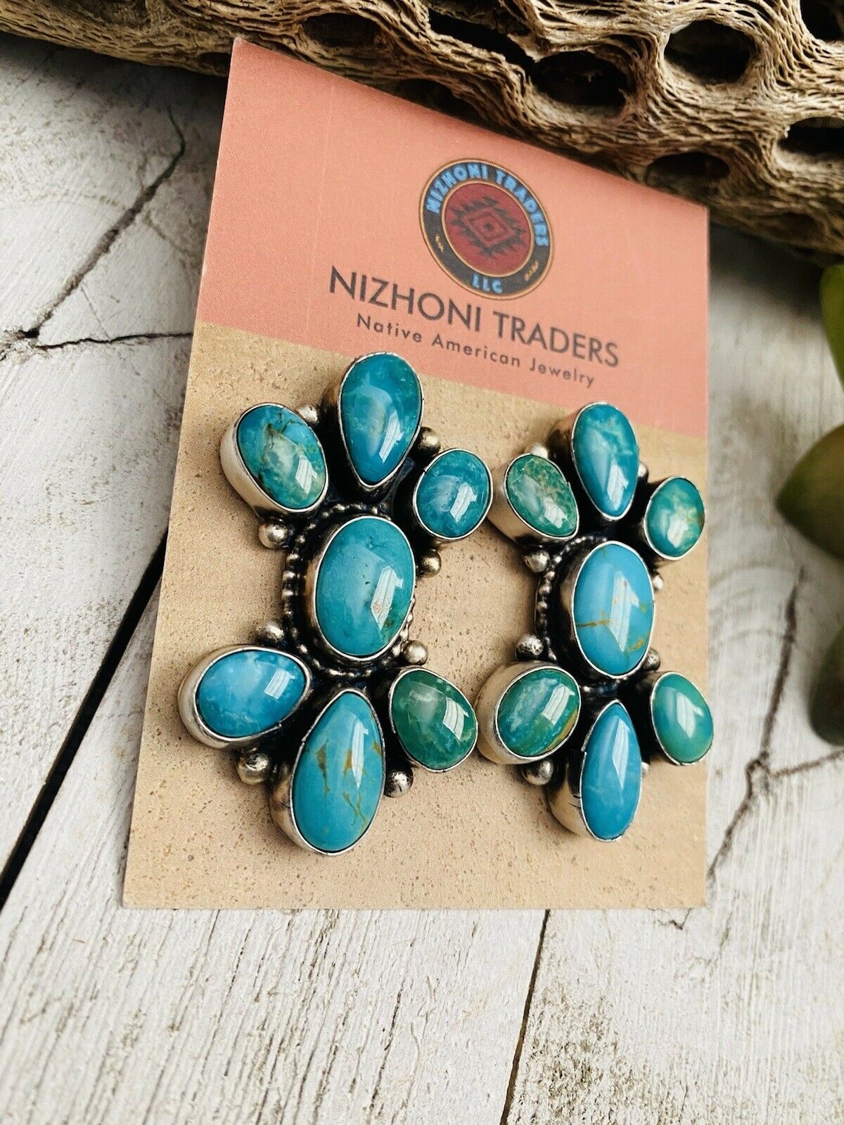 Navajo Sterling Silver & Royston Turquoise Cluster Post Earrings Signed