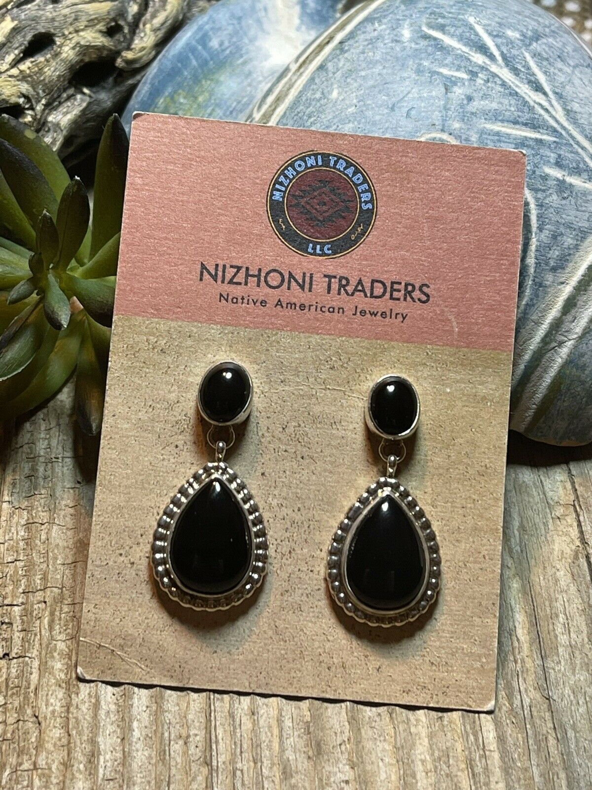 Beautiful Navajo Sterling Silver Black Onyx Teardrop Post Dangle Earrings