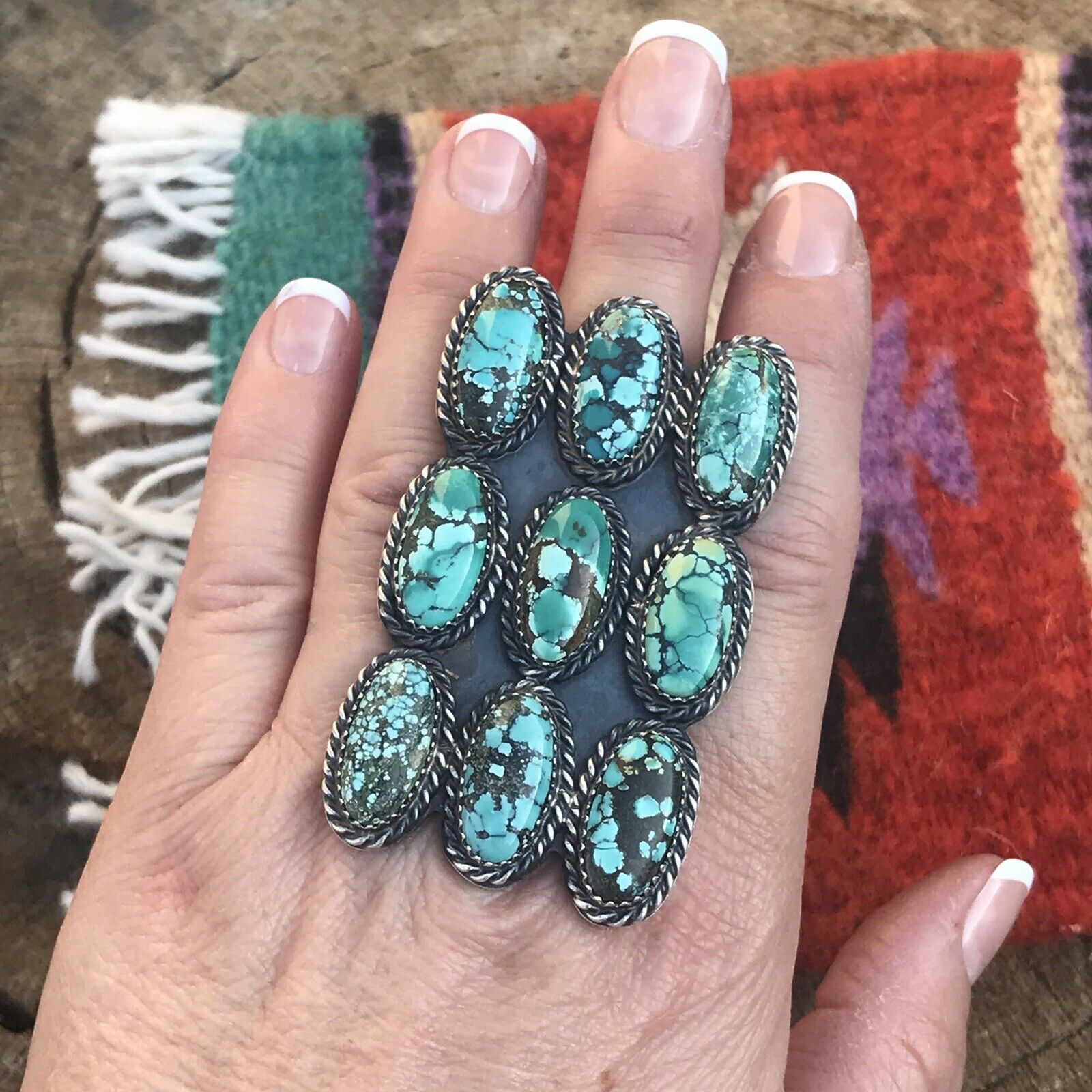 Navajo Tibetan Turquoise Sterling Silver Statement Ring Sz 8.5 Kevin Billah