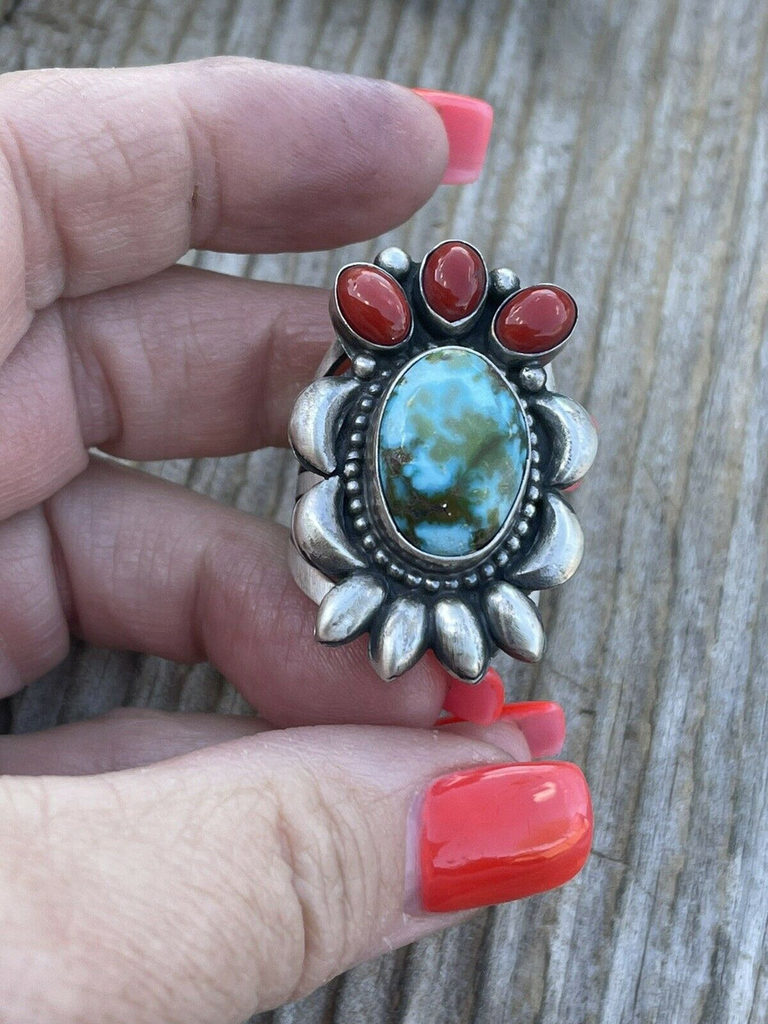 Handcrafted Sterling Silver Kingman Web Turquoise & Red Coral Taos Collection Ring Sz 8.5