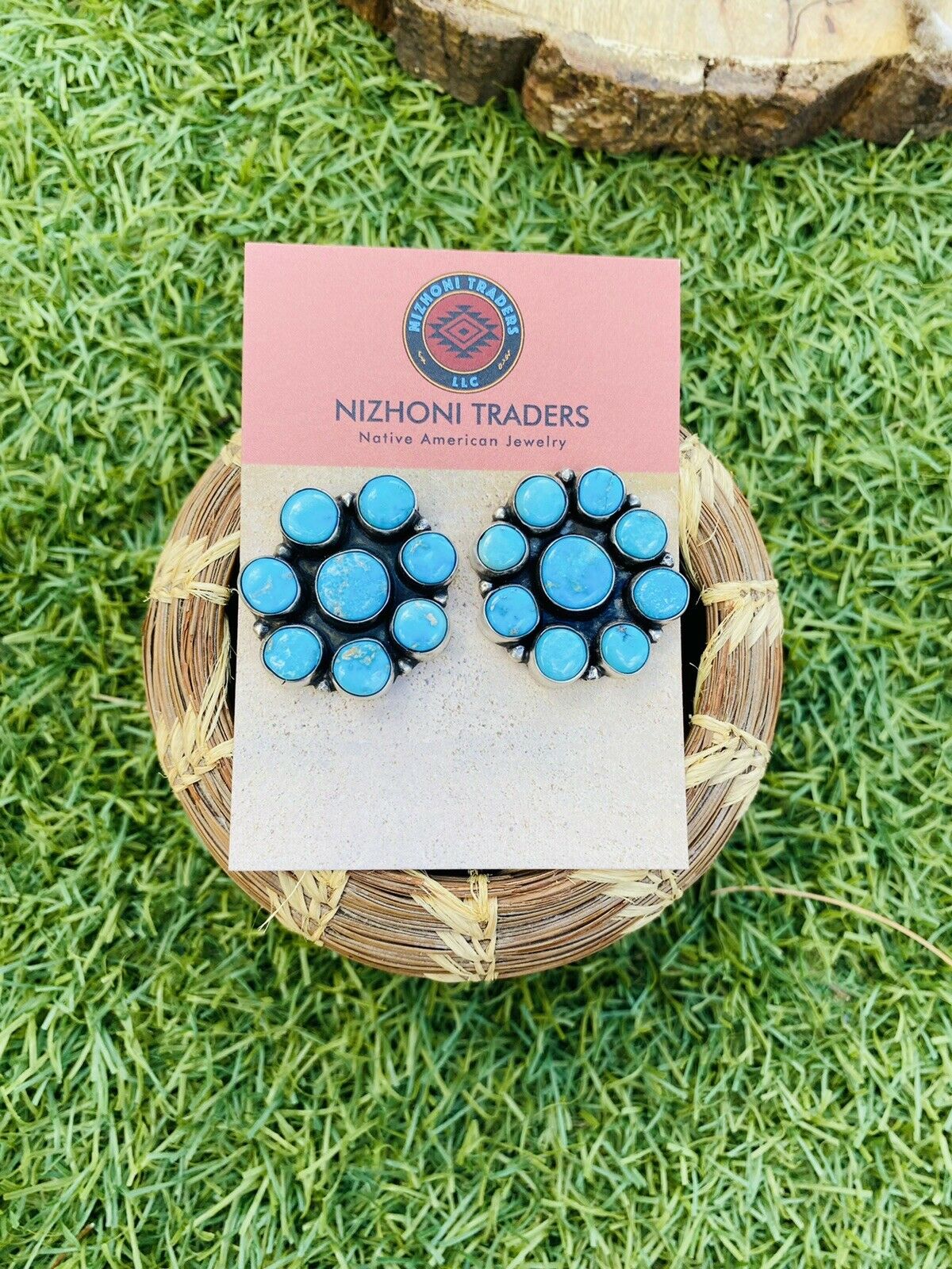 Navajo Sterling Silver & Turquoise Cluster Stud Earrings By Ella Peter