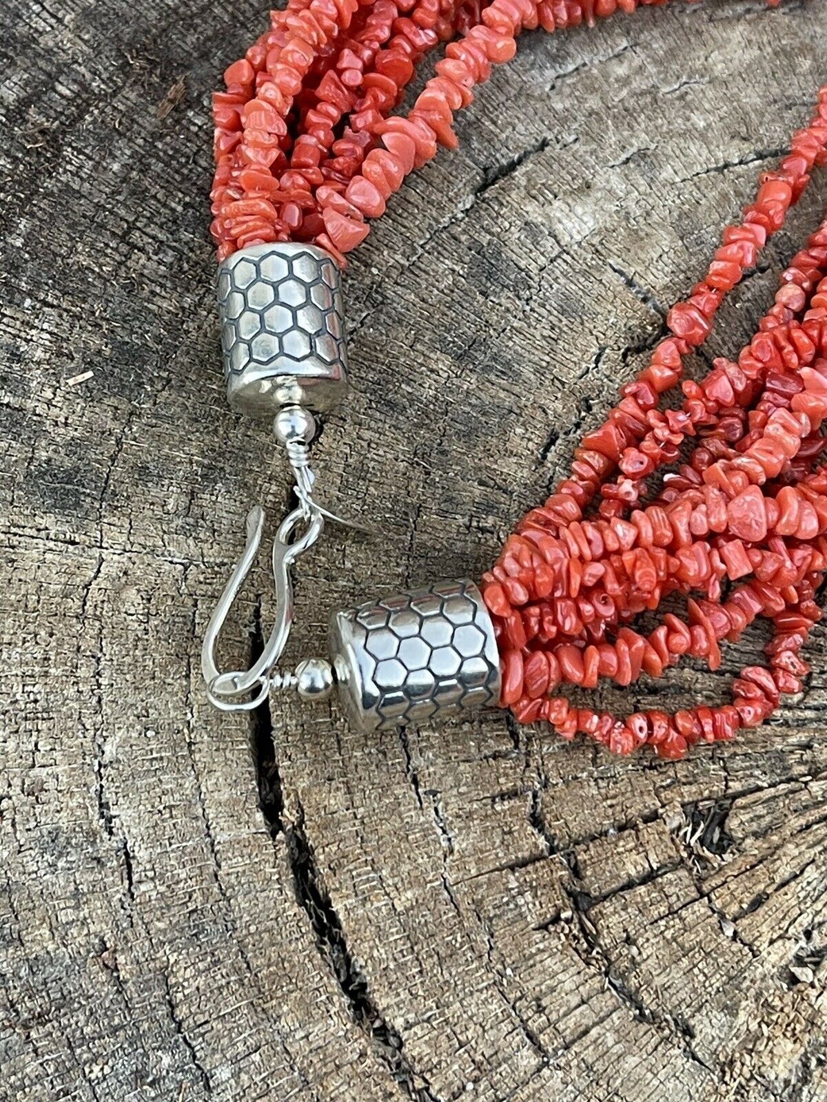 Navajo Sterling Silver Pink Coral 10 Strand Bead Necklack