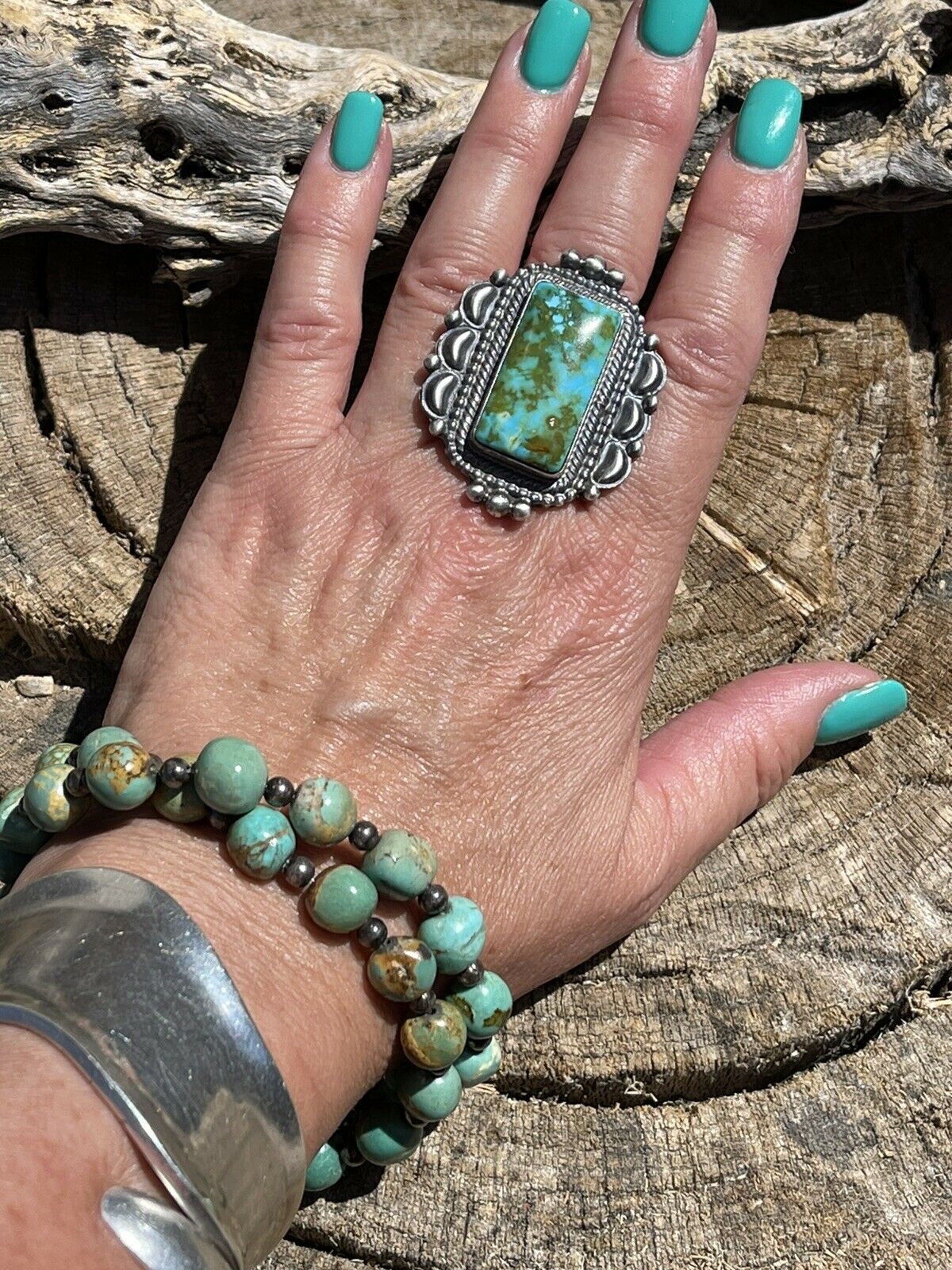 Navajo Sonoran Mountain Turquoise & Sterling Silver Statement Ring Size 9.5