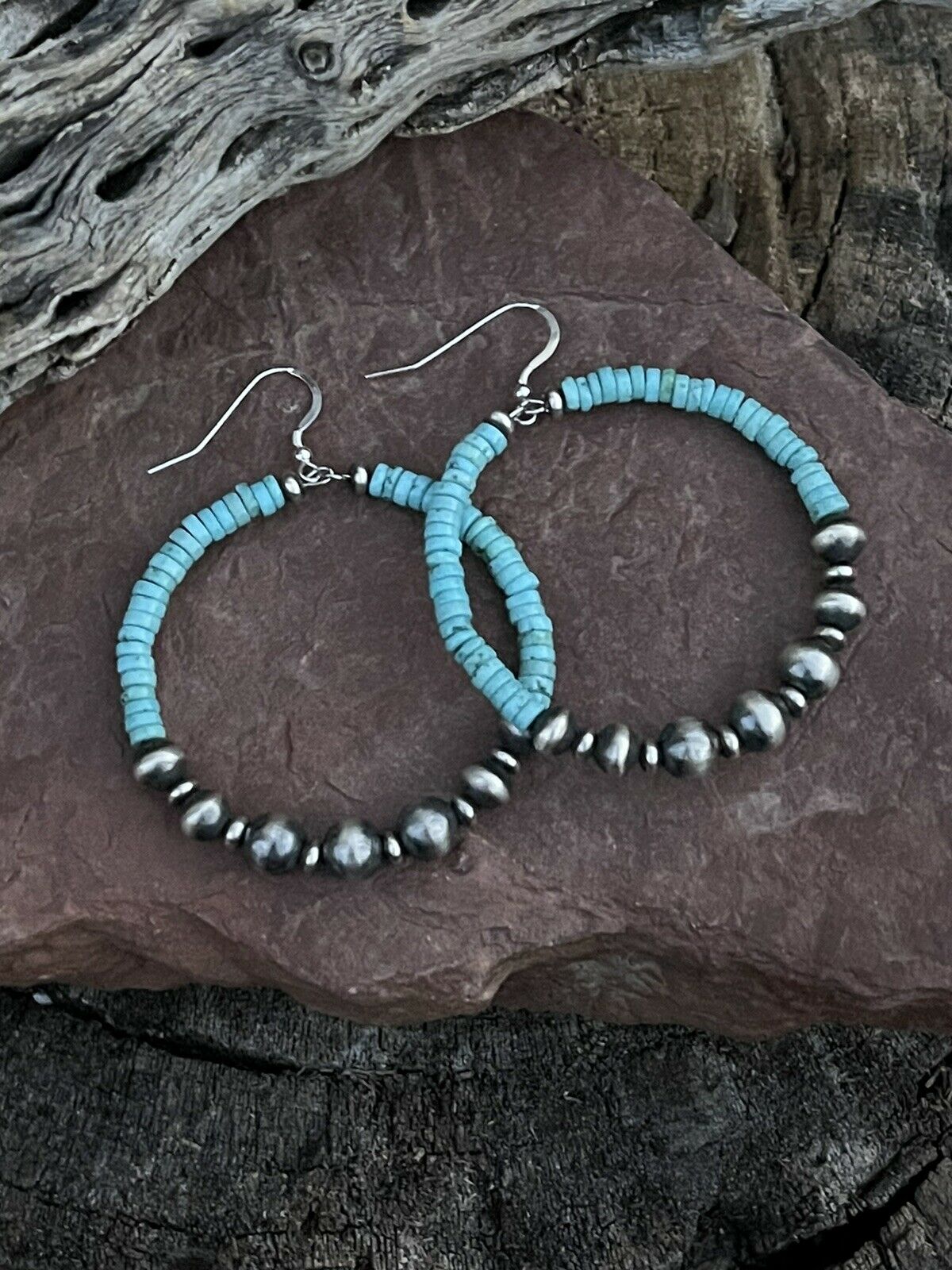 Navajo Sterling Silver Turquoise Stone French Hook Hoop Earrings