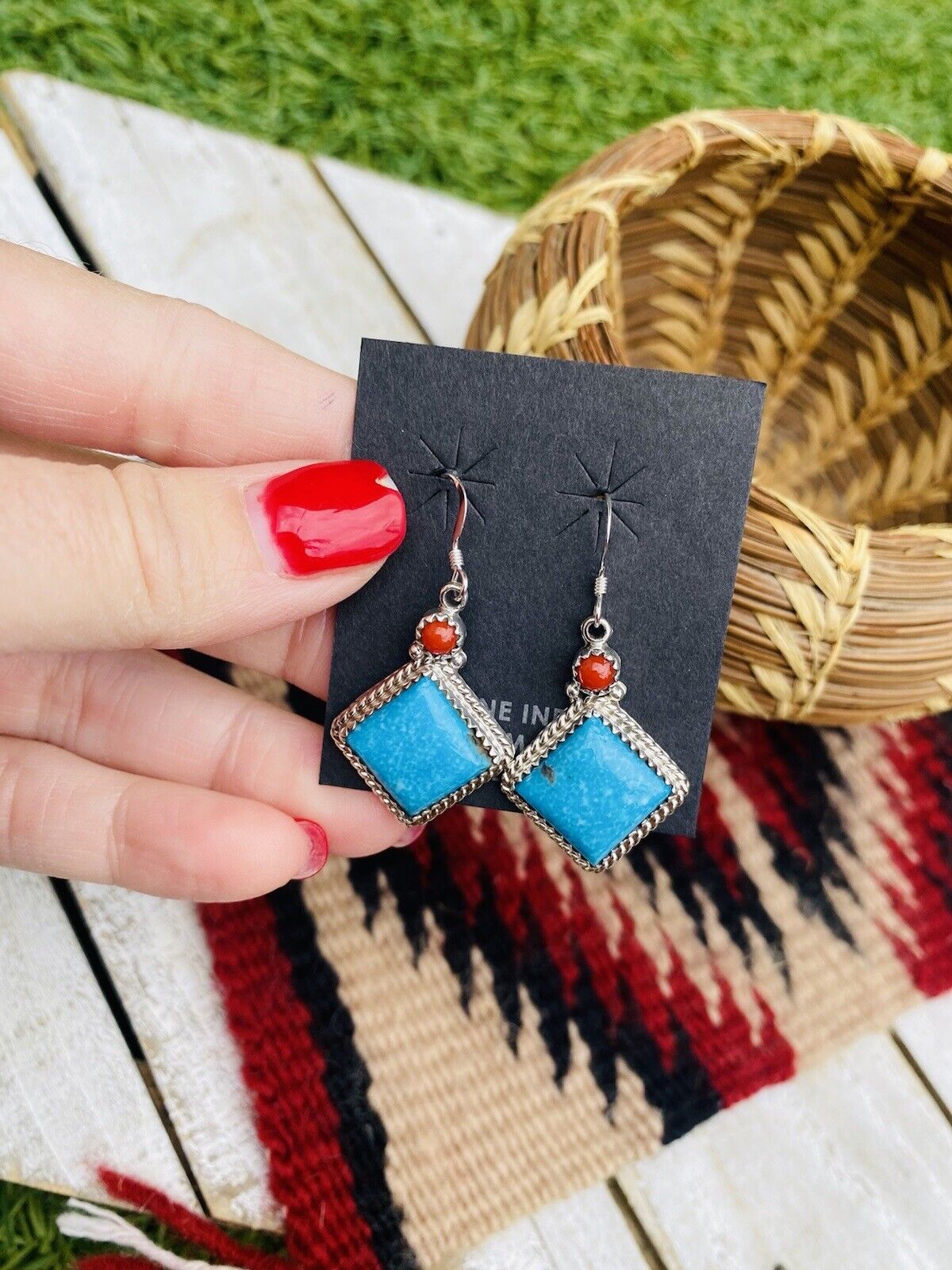 Navajo Turquoise, Coral & Sterling Silver Dangle Earrings