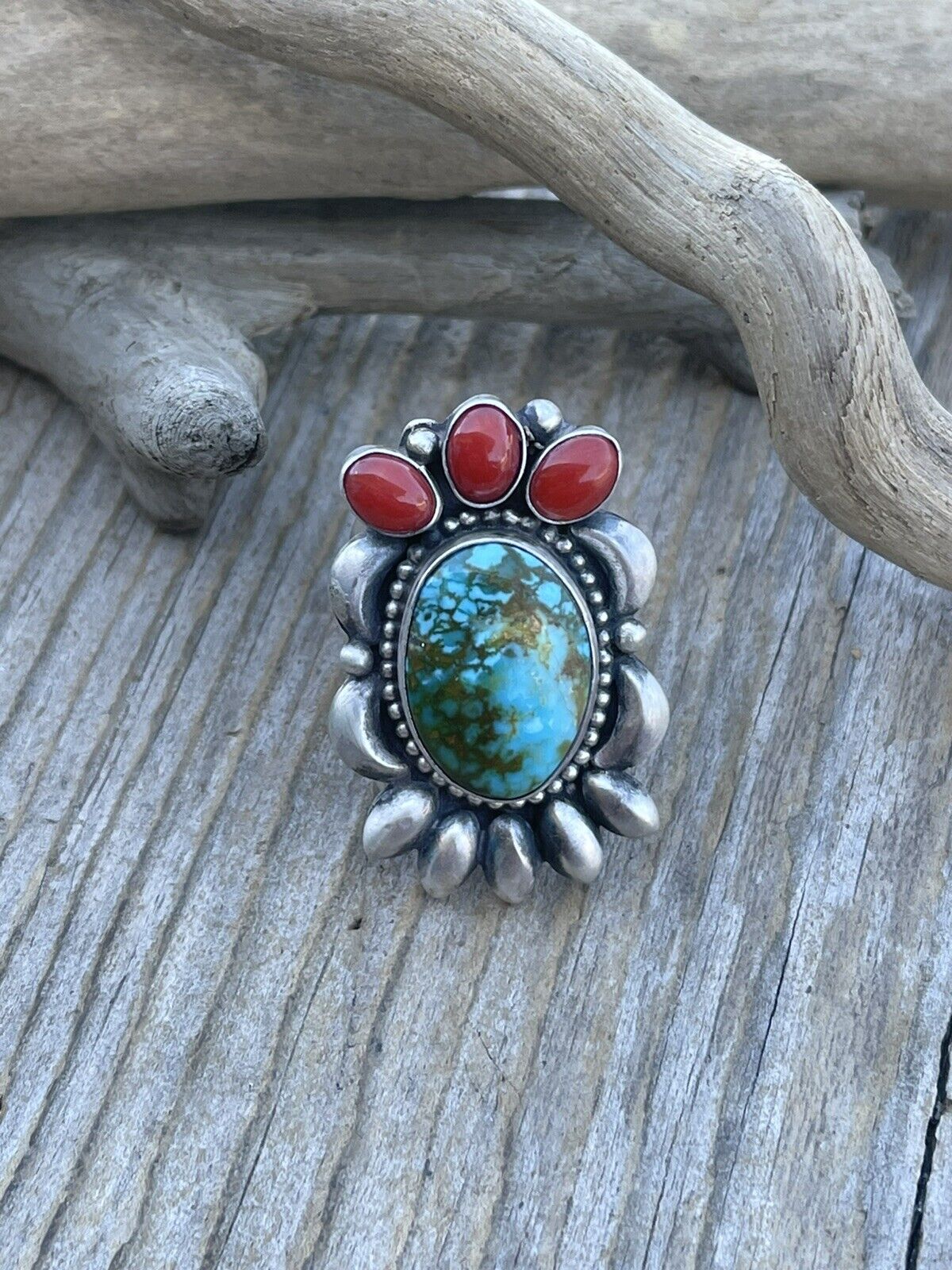 Navajo Sterling Kingman Web Turquoise & Red Coral Taos Collection Ring Sz 6.5