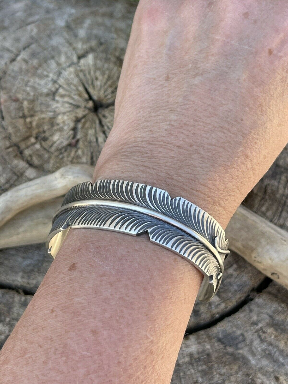 Navajo Sterling Silver Hand Stamped  Feather Bracelet Cuff