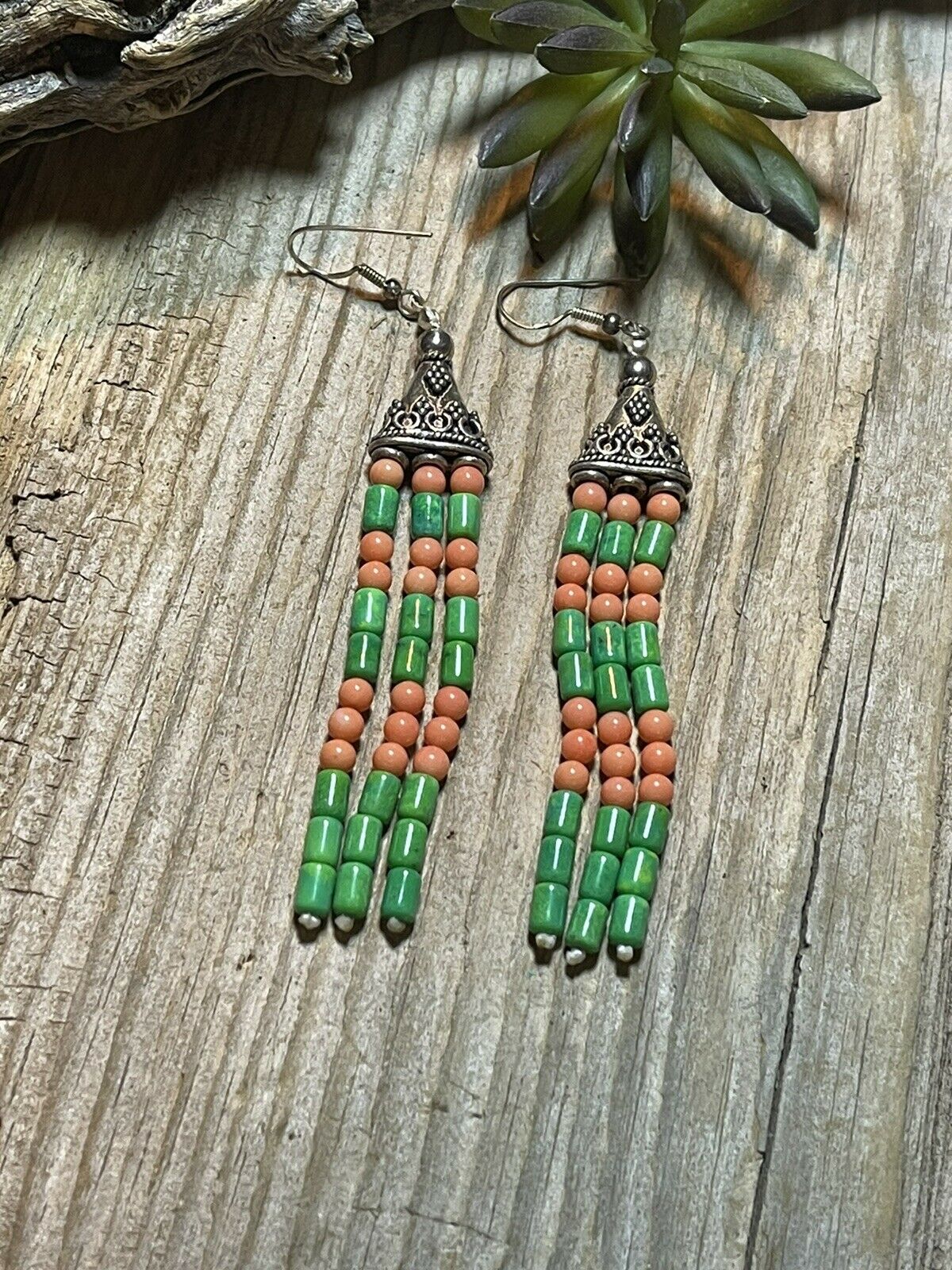 Navajo Sterling Dyed Green Kingman Turquoise and Pink Coral Bead Earrings