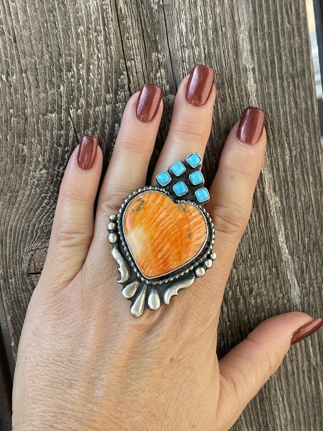 Handcrafted Sterling Silver Orange Spiny Heart & Turquoise Ring Sz 8