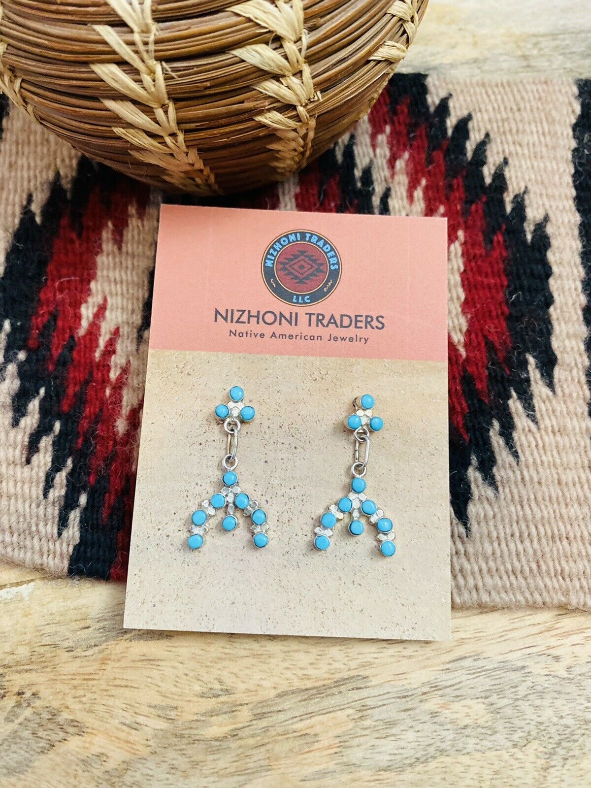 Zuni Sterling Silver & Turquoise Petit Point Dangle Earrings