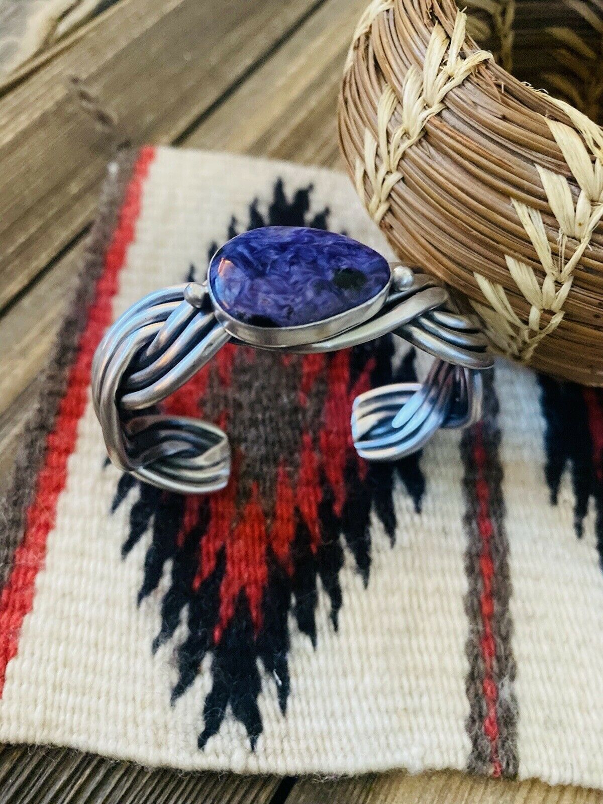 Navajo Charoite & Sterling Silver Braided Cuff Bracelet Signed