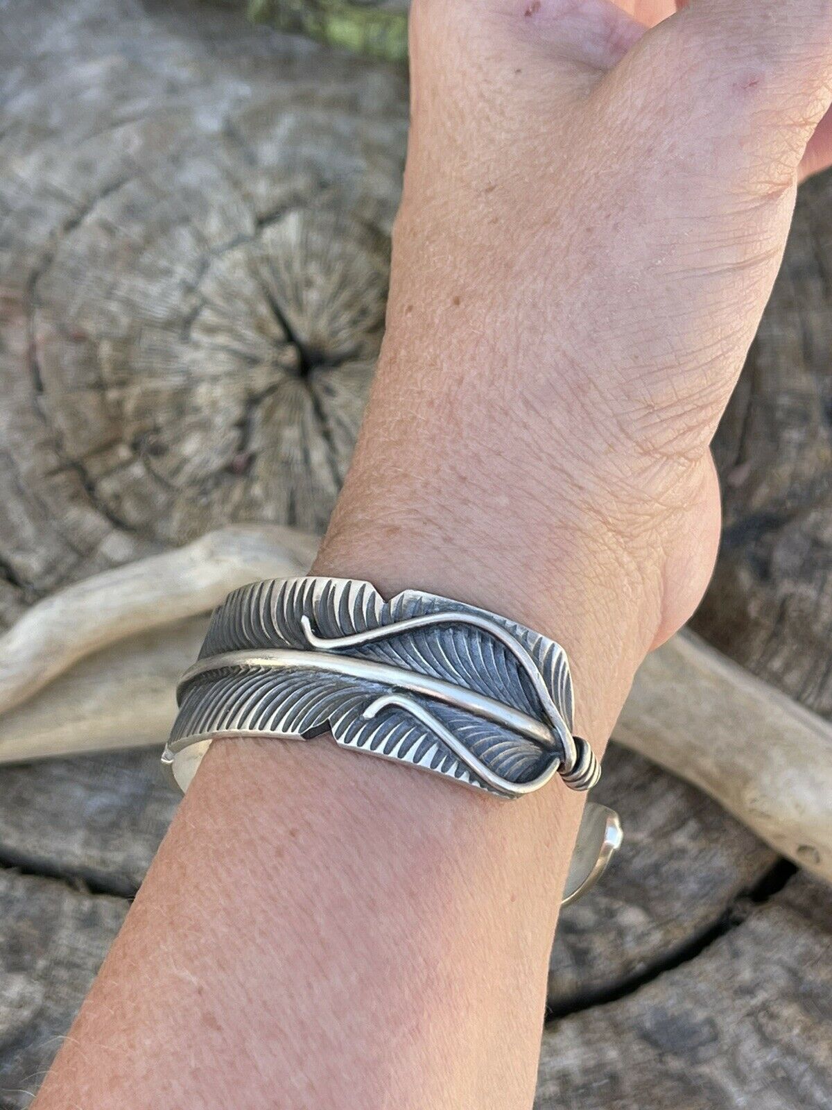 Navajo Sterling Silver Hand Stamped  Feather Bracelet Cuff