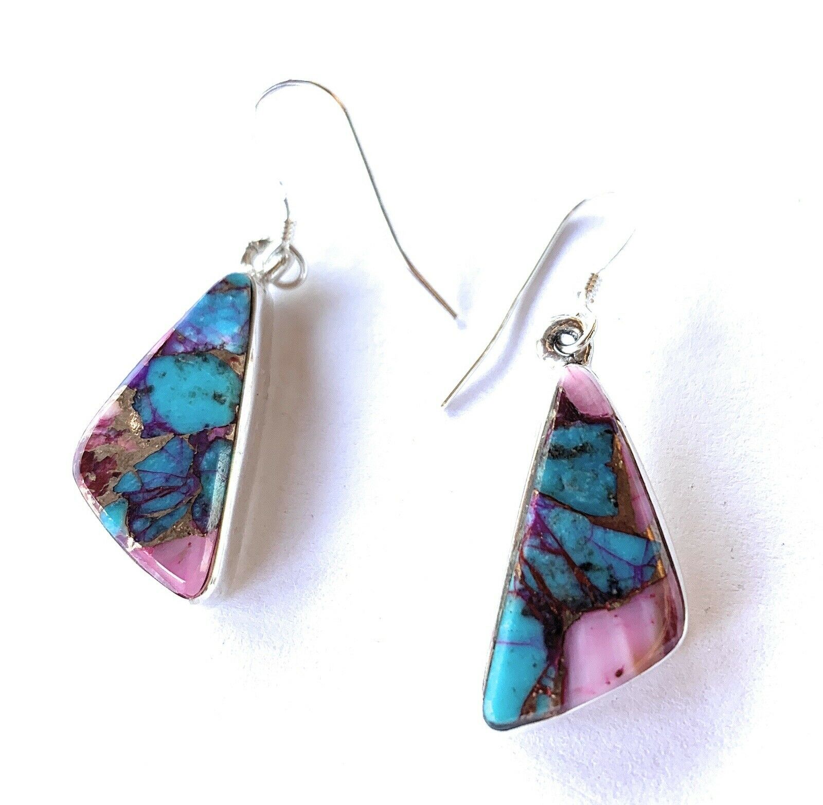 Navajo Pink Dream Mohave & Sterling Silver Geometric Dangle Earrings