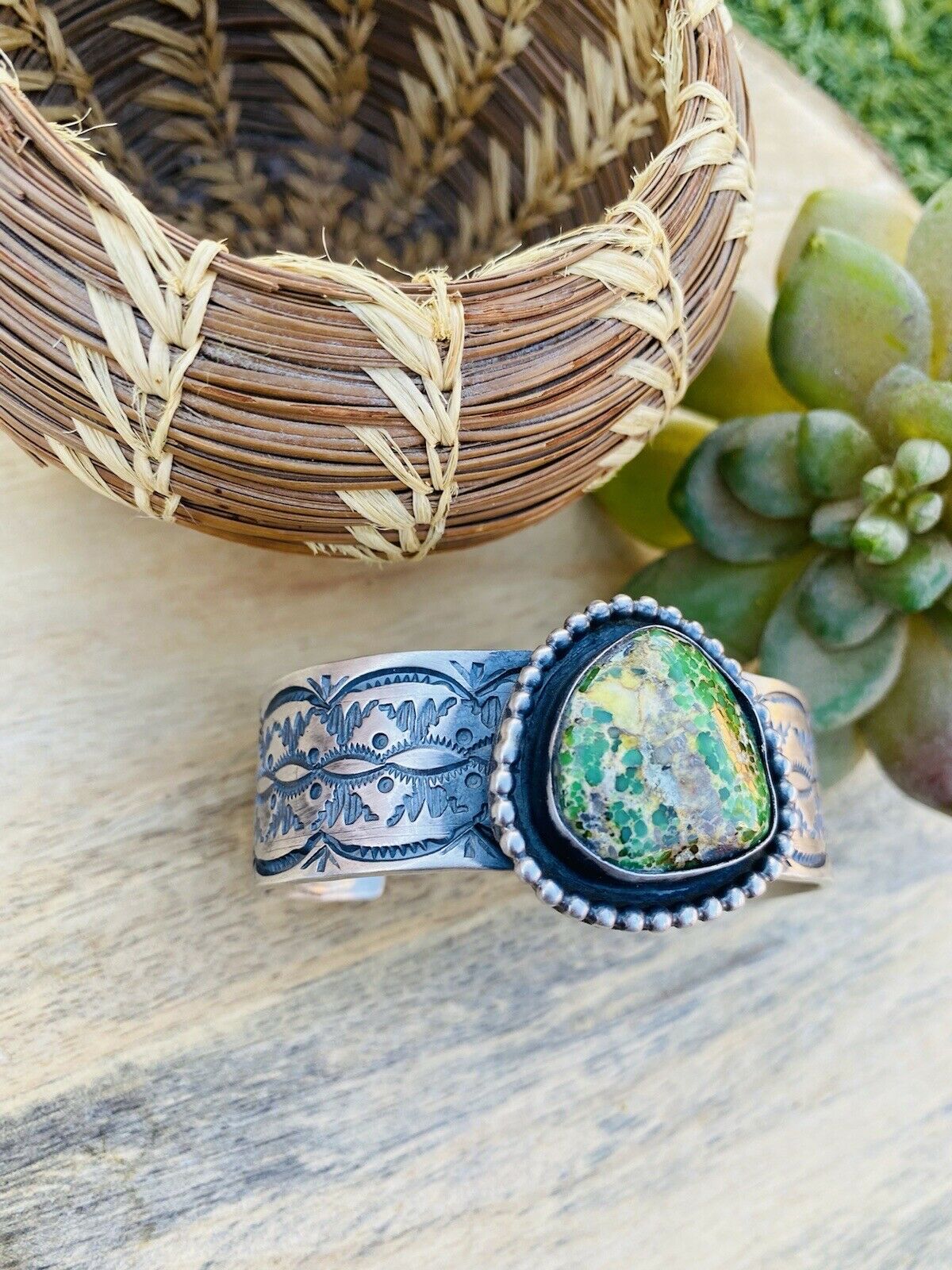 Navajo Sterling Silver & Sonoran Gold Turquoise Cuff Bracelet By Chimney Butte