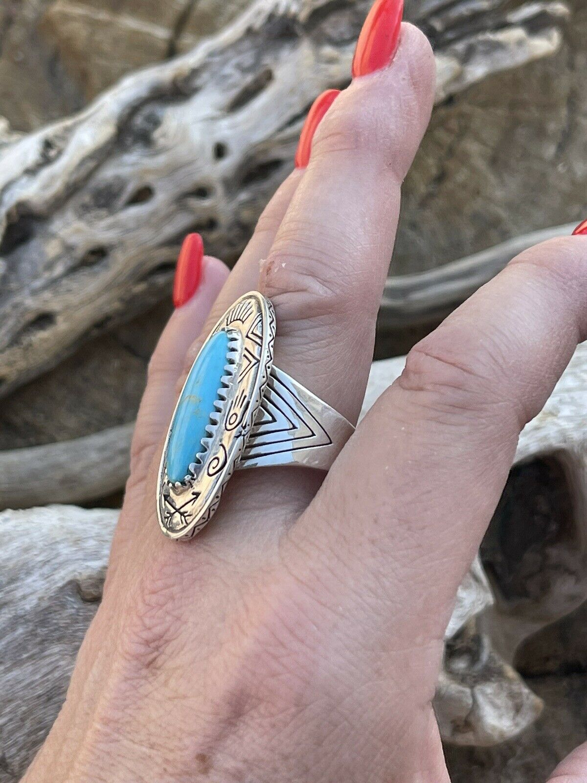 Navajo Sterling Silver Turquoise Southwest Stamped Oval Ring Sz 8.5