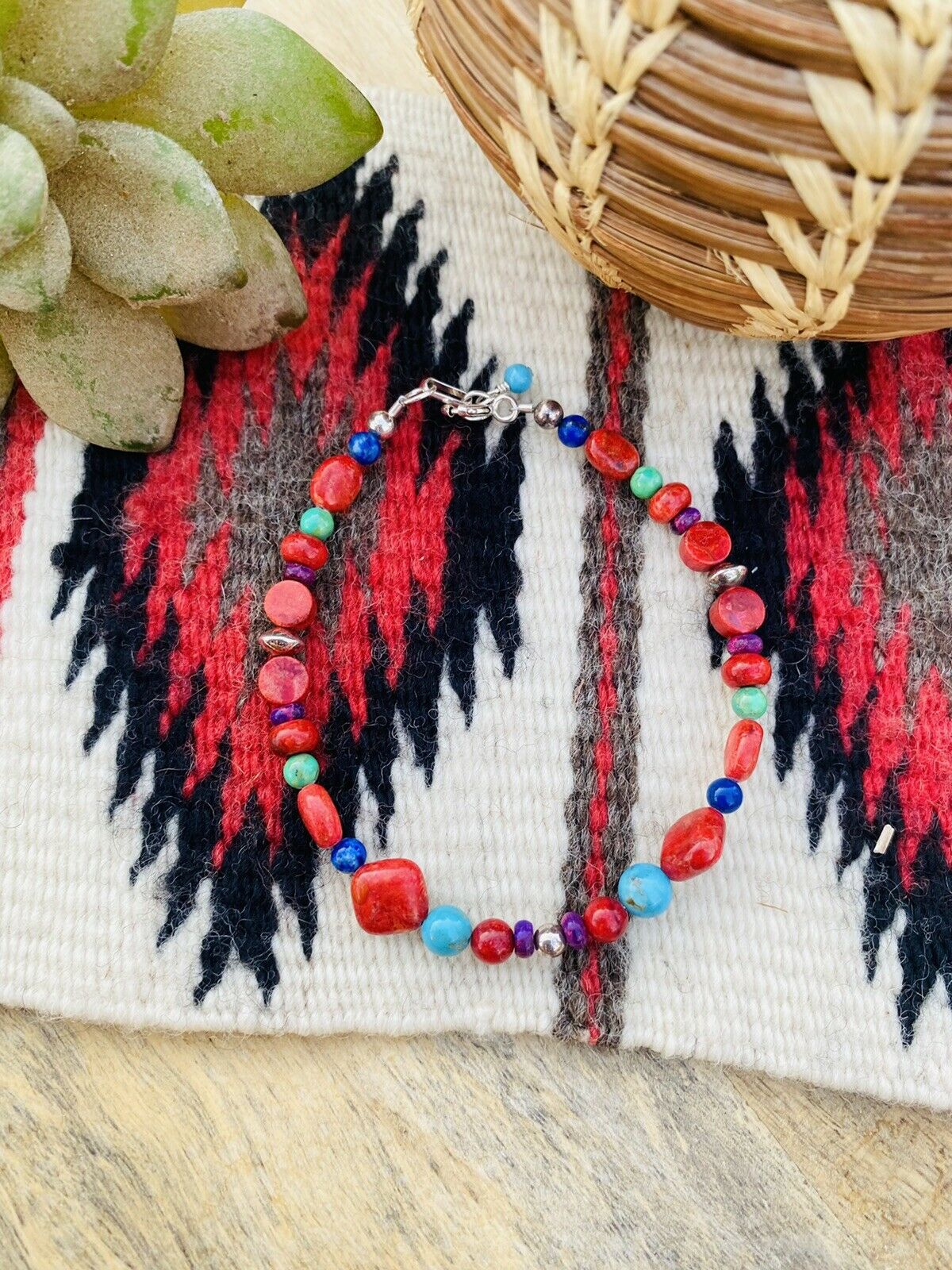 Navajo Coral & Multi Stone Sterling Silver Beaded Bracelet