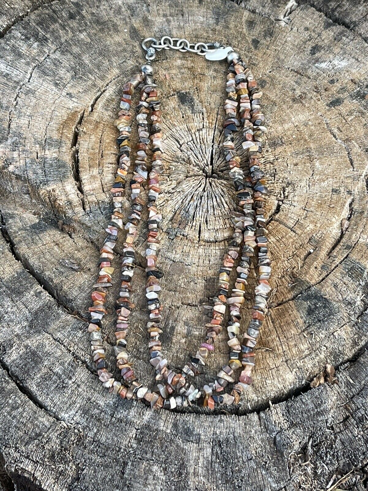 Navajo Sterling Silver Multi Jasper Chip Triple Strand Necklace