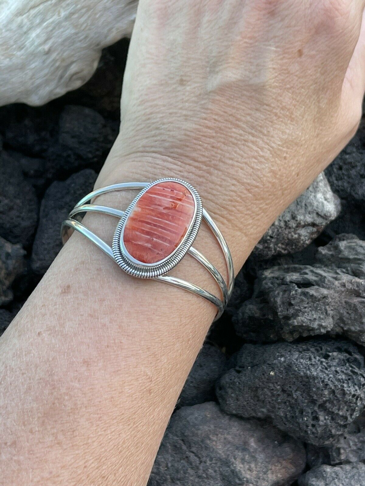 Navajo Orange Spiny Sterling Silver  Cuff Bracelet Stamped Wydell Billie